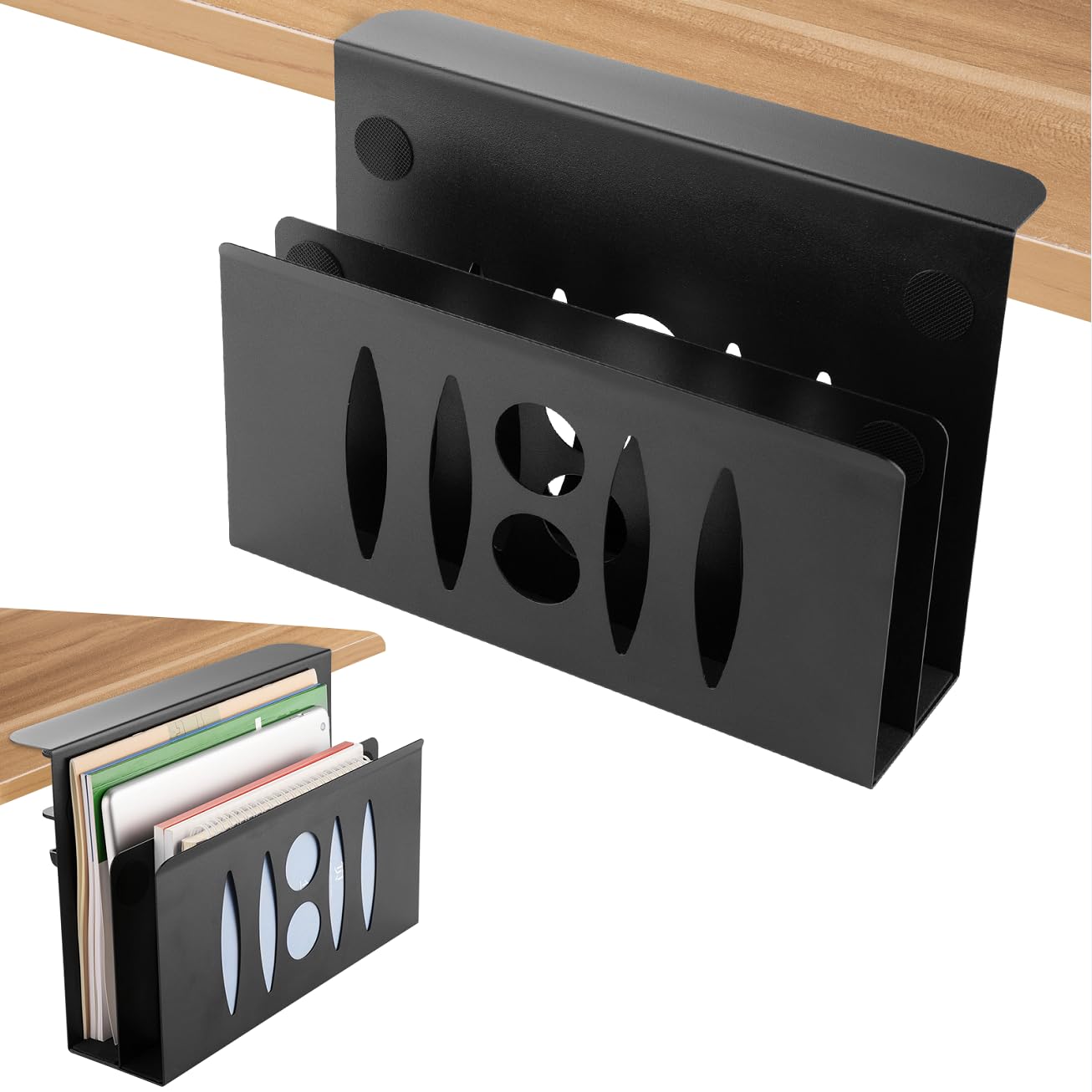 2 Tier Under Desk Storage Organizer - No Drill Steel Hanging Desk Shelf for Laptop & Office Supplies | Space Saving Desk Organizer for Home Office & Workspace (Black)