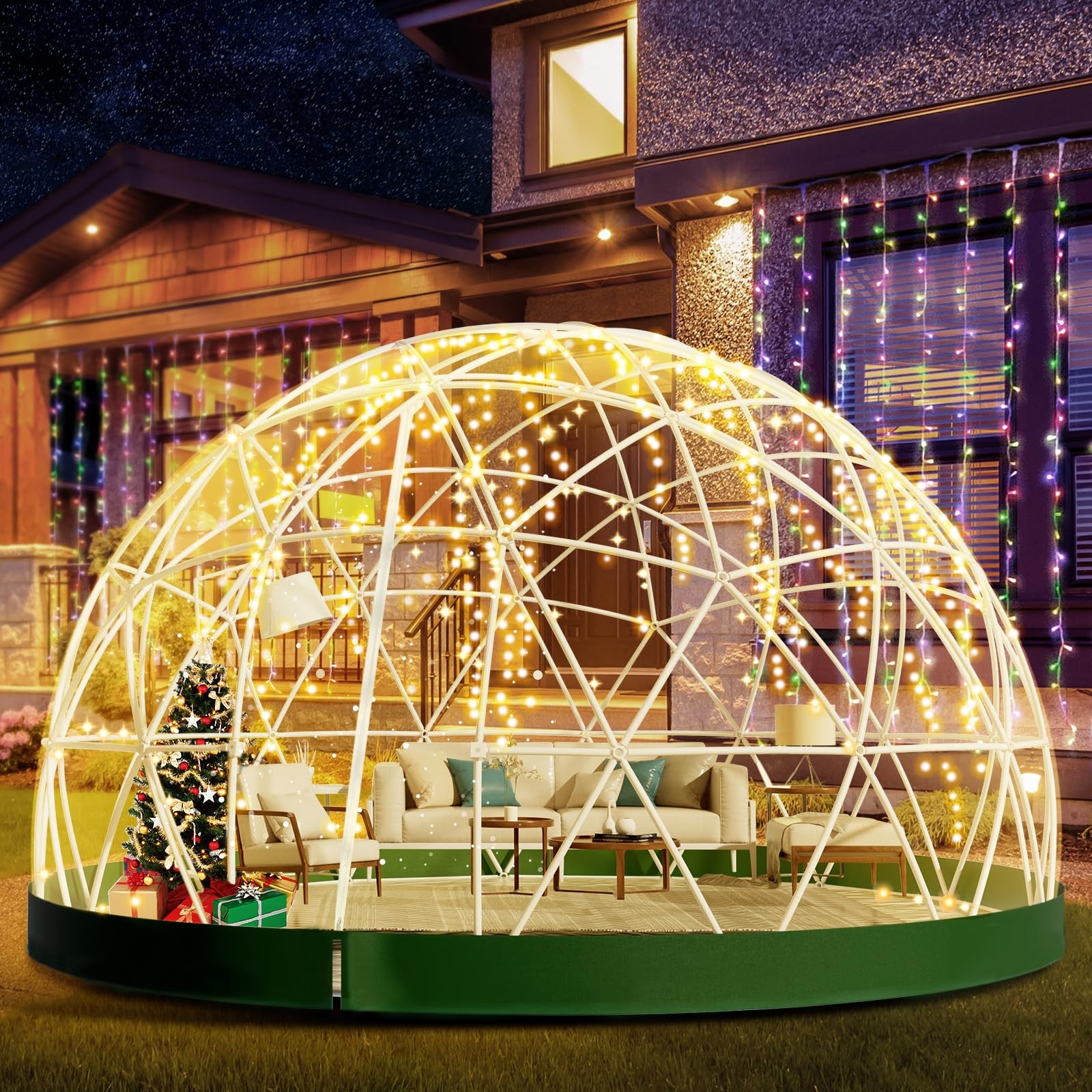 12FT Geodesic Dome Greenhouse Kit - Weatherproof Outdoor Garden Igloo with Clear PVC Cover & 2x10M LED String Lights - Perfect for Backyard Parties, Patio Gatherings & Year-Round Plant Growing (Green)