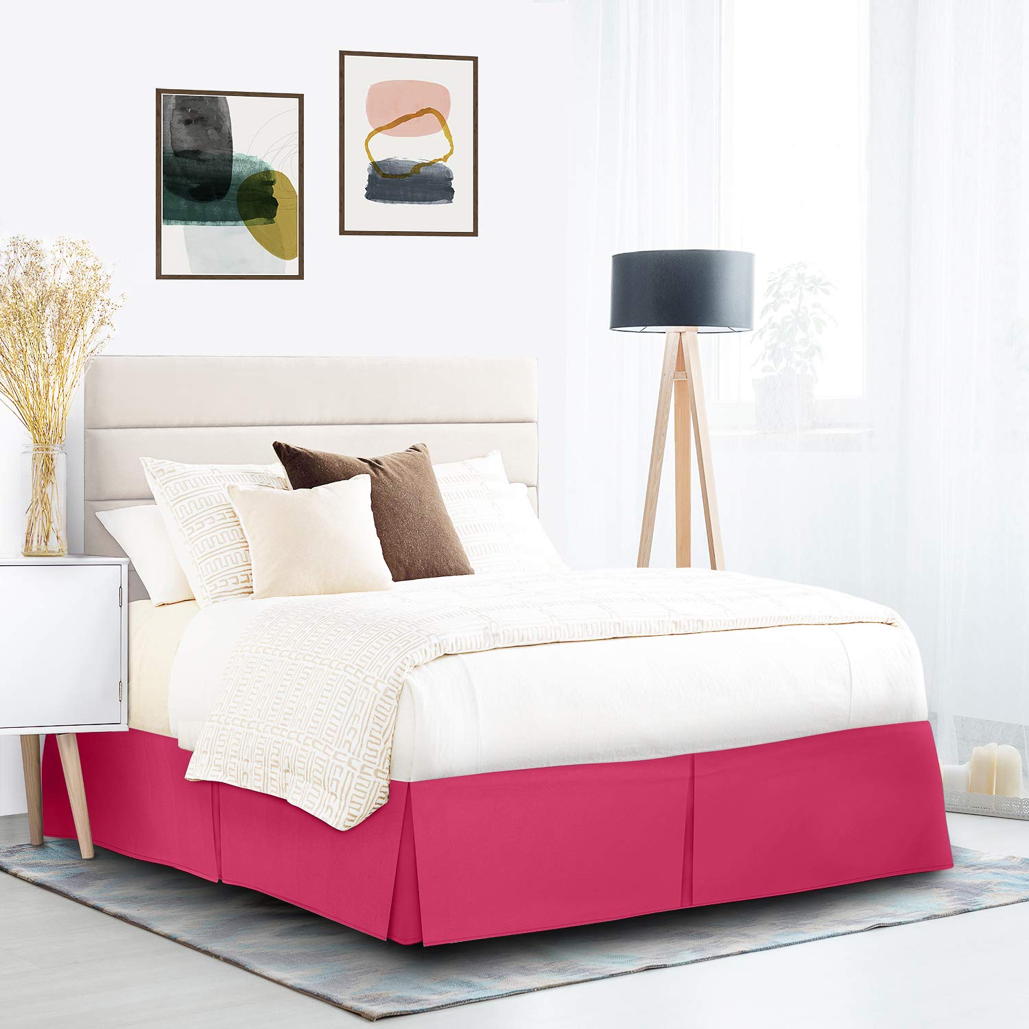 600 Thread Count Pure Cotton Pleated Bed Skirt - Full Size Split Corner Box Pleated Design with 18 Inch Drop - Luxury Bedding Accessory for Master Bedroom or Guest Room - Hot Pink