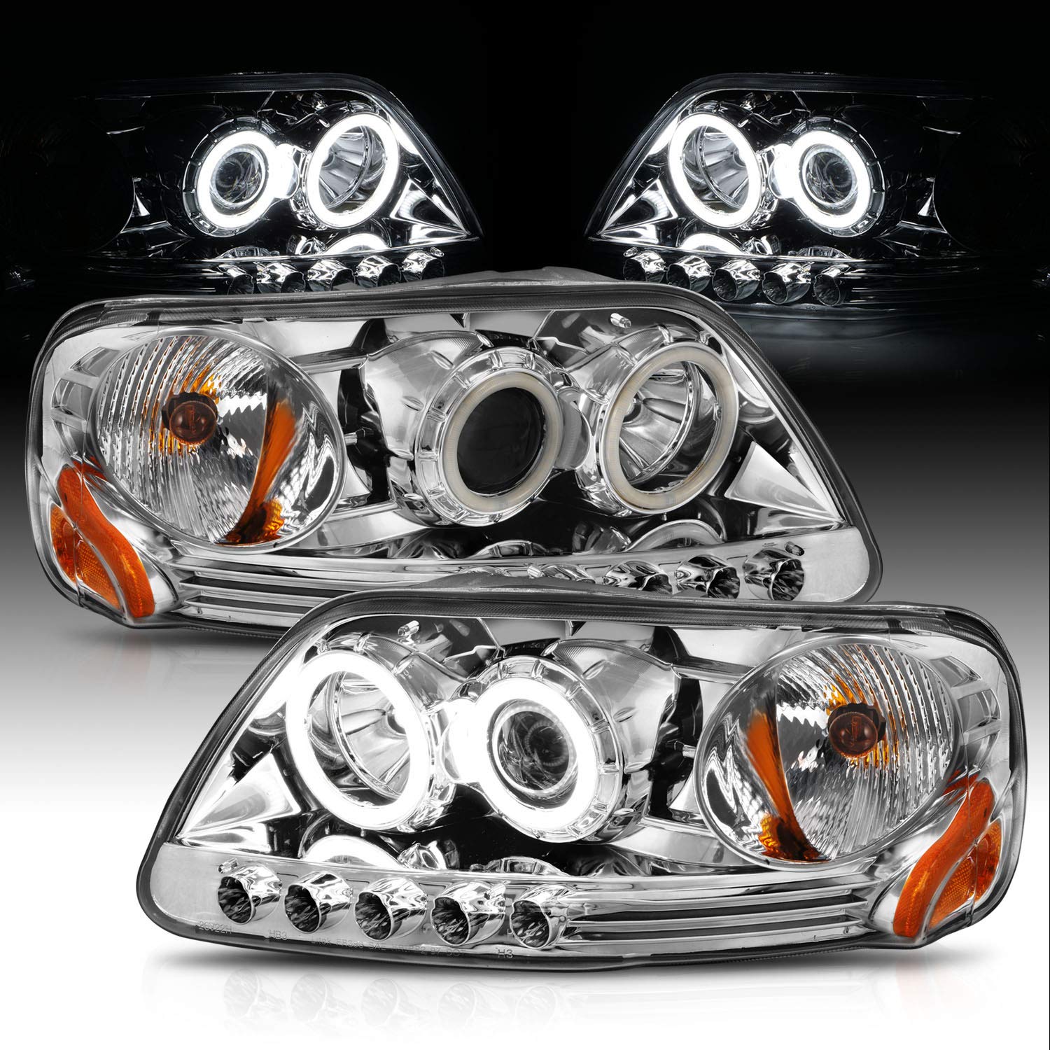 1997-2003 Ford F150 & Expedition Chrome Projector Headlights Assembly with Xtreme LED Halos - Replacement Headlights for F-Series (Passenger & Driver Side) - Perfect for Night Driving & Off-Road Adventures