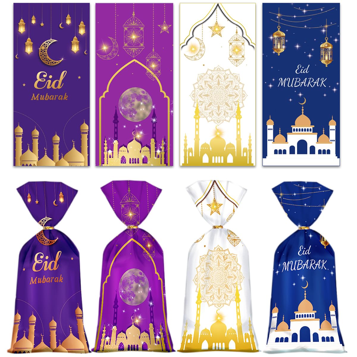 Artby7 Ramadan Cellophane Treat Bags - Eid Moon Cookie Candy Goodie Bags with Twist Ties - Perfect for Eid Mubarak Party Supplies & Holiday Celebrations