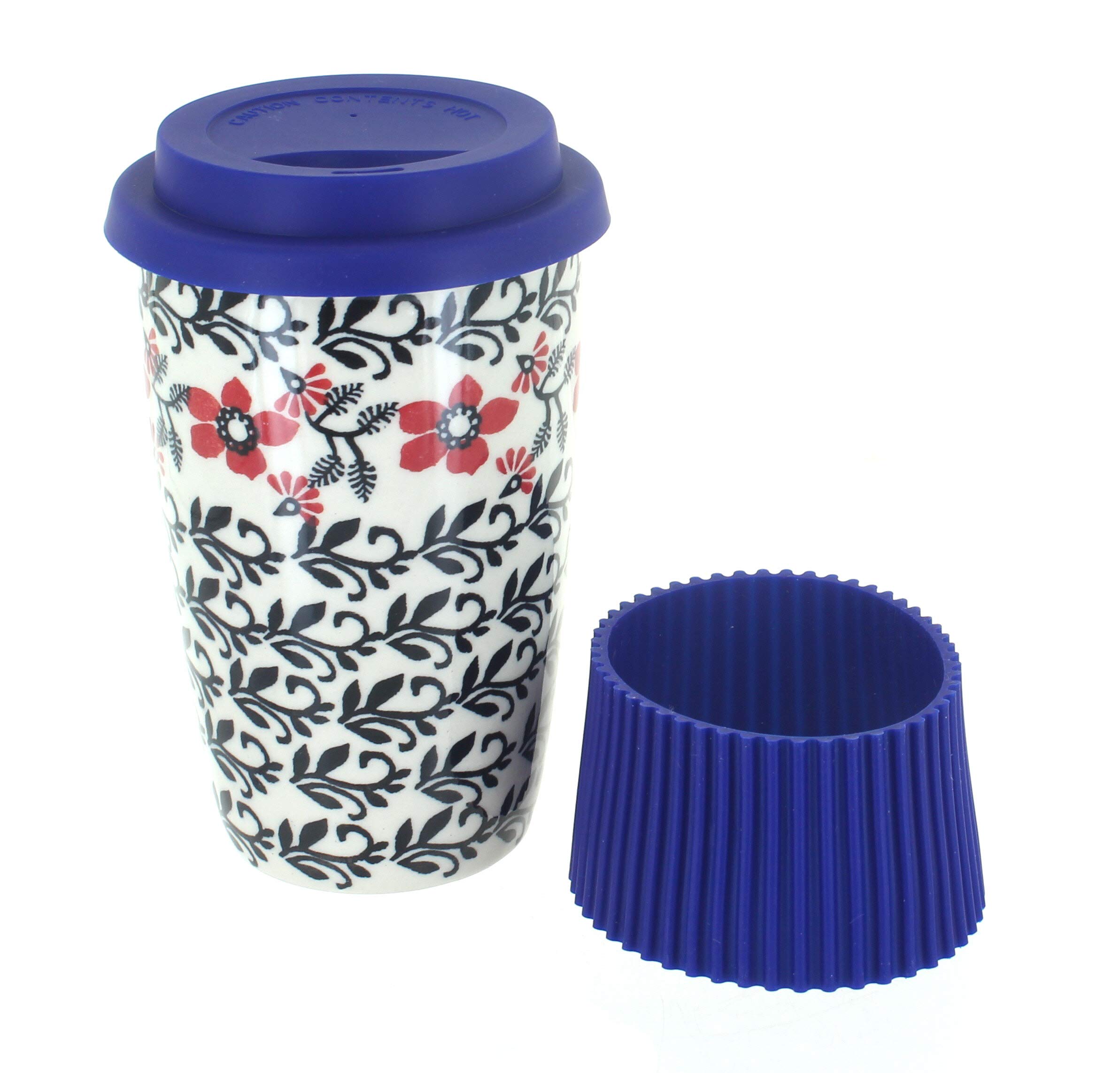 Blue Rose Polish Pottery Scarlett Ivy Travel Coffee Mug - Handmade Ceramic Tea Cup with Lid - Perfect for Camping, Office & Commuting