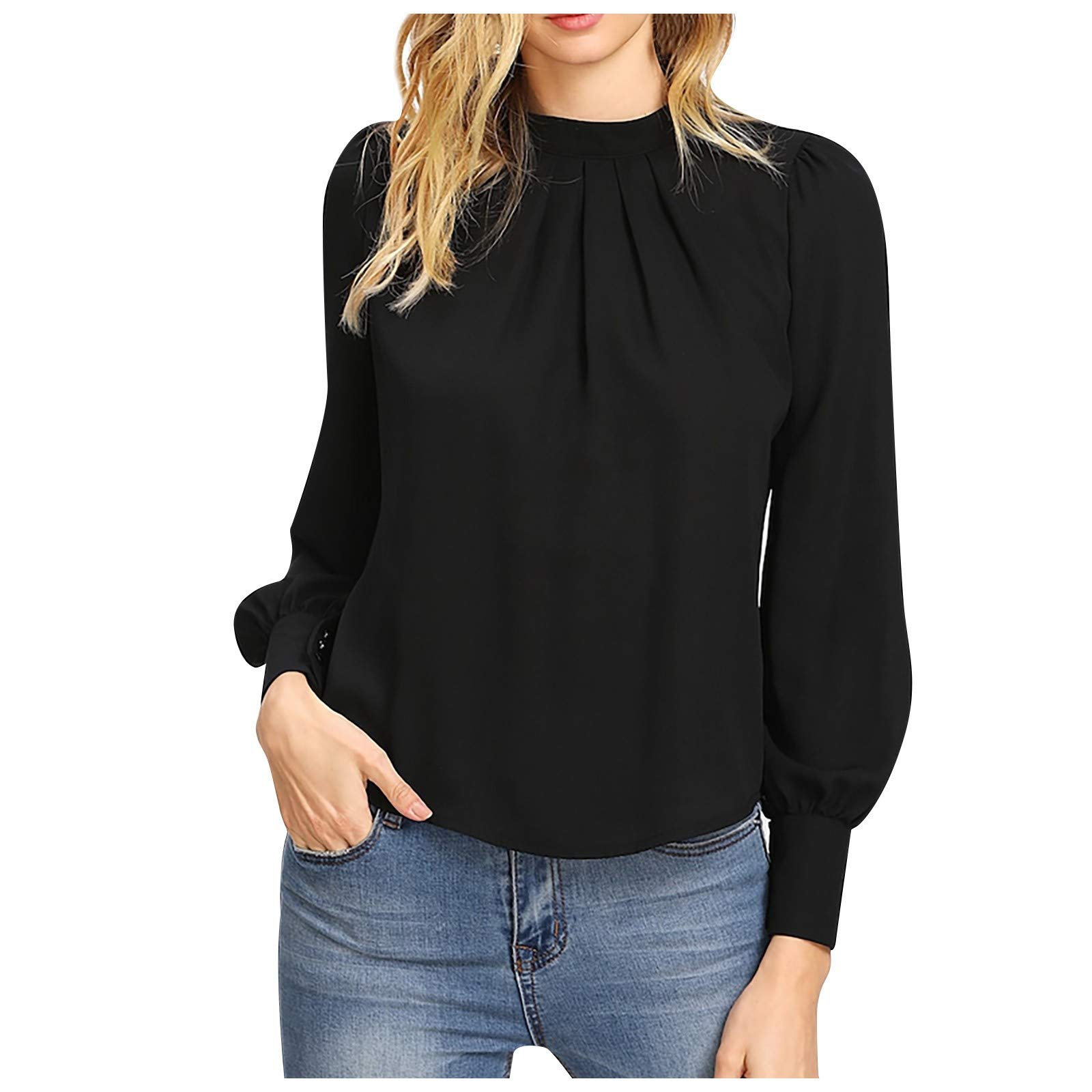 Women's Long Sleeve Blouse with Stand Collar & Chest Pleats - Elegant Casual Tops for Work, Dating & Everyday Wear