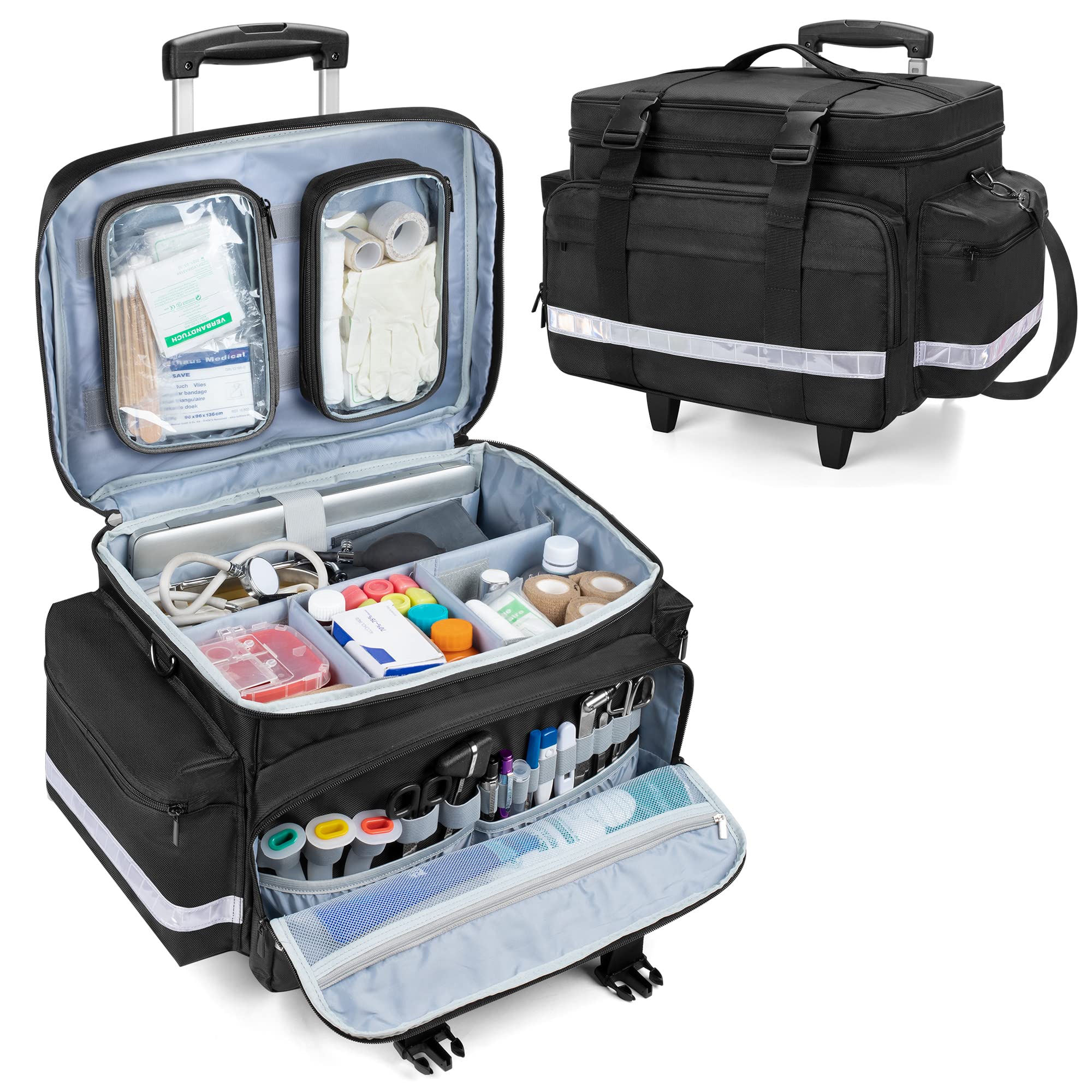 Damero Rolling Medical Bag with Detachable Trolley - EMT Doctor First Aid Responder Bag with Removable Pouches & Dividers - Empty Medical Equipment Organizer for Home Health Nurses, EMS Professionals - Perfect for Emergency Response & Hospital Use - Black