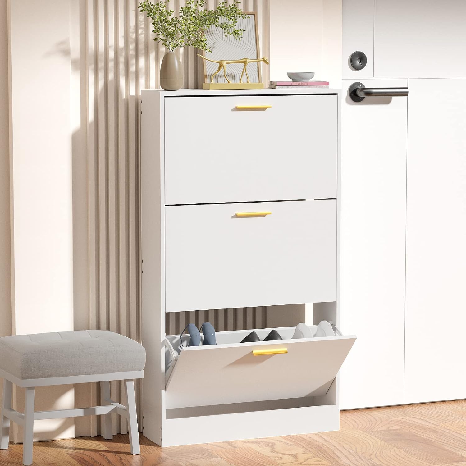 JOZZBY White Slim Shoe Cabinet with 3 Flip Drawers - Modern Freestanding Shoe Storage Organizer for Entryway, Hallway & Living Room | Space-Saving Narrow Shoe Rack for Small Spaces & Apartments