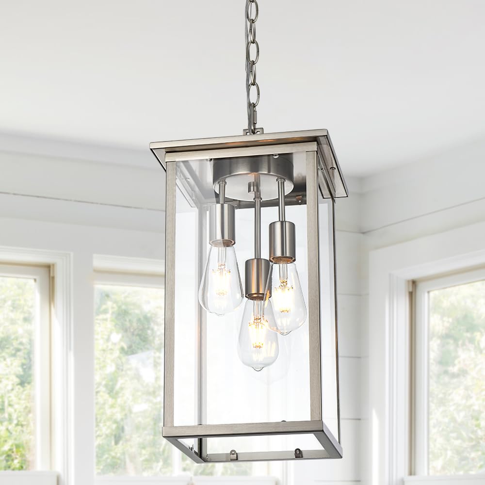 3-Lights Outdoor Pendant Light - Modern Brushed Nickel Chandelier with Clear Glass Shades - Adjustable Ceiling Mount Porch Lighting for Entryway, Patio, Deck & Garden - Weather-Resistant Exterior Hanging Light Fixture