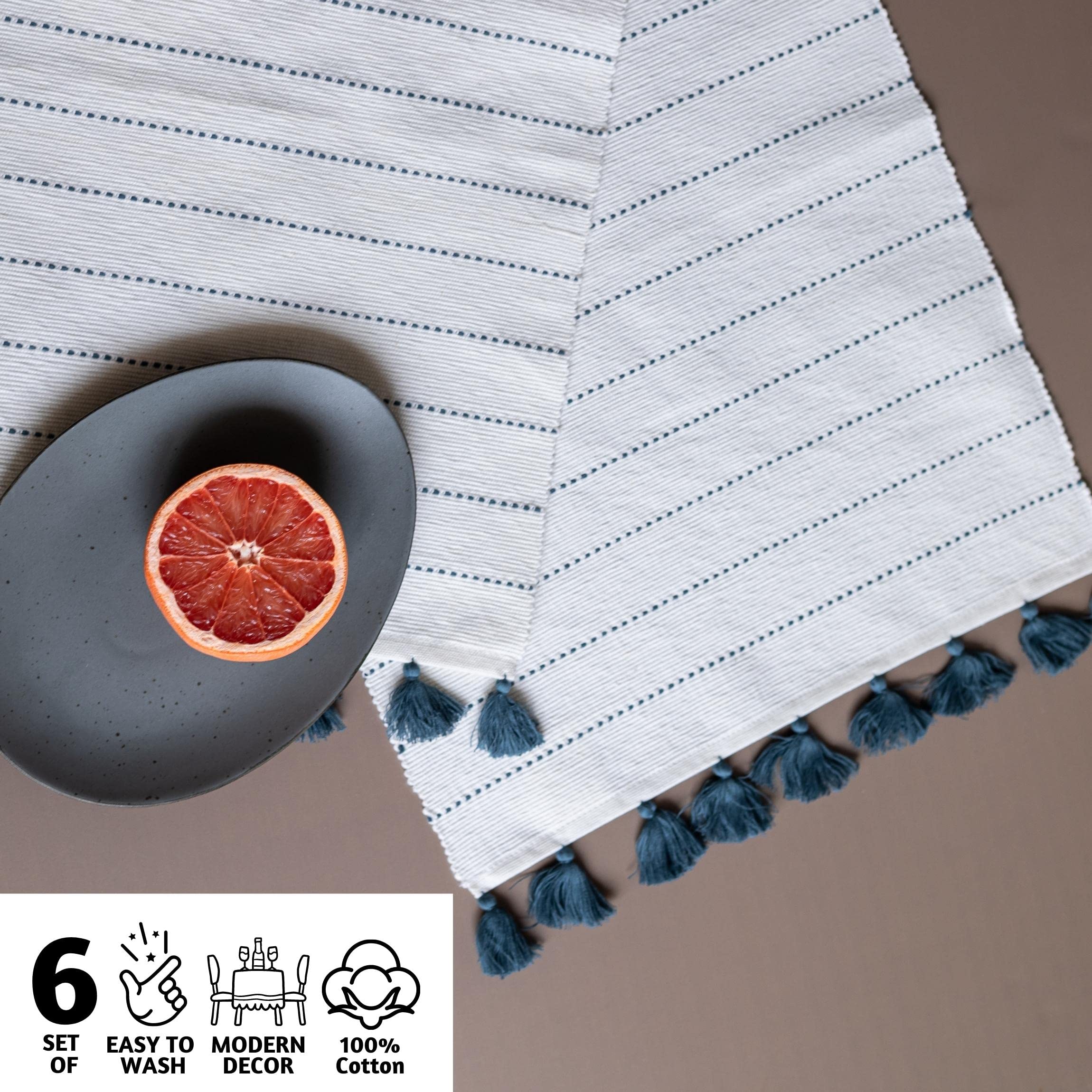 Farmhouse Kitchen Towels & Placemats Set of 6 - Cotton Dishcloths with Hanging Loop, Boho Decoration for Dining Table, Countertop, and Kitchen Decor