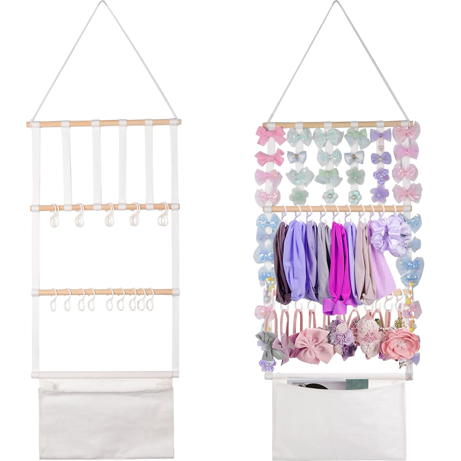 Nerien Macrame Wood Headband Holder - Hair Bow Organizer for Girls, Baby & Toddler - Wall Hanging Storage for Hair Ribbons, Ties & Clips - Includes 20 Hooks - Perfect for Bedroom, Bathroom & Shower Room Organization
