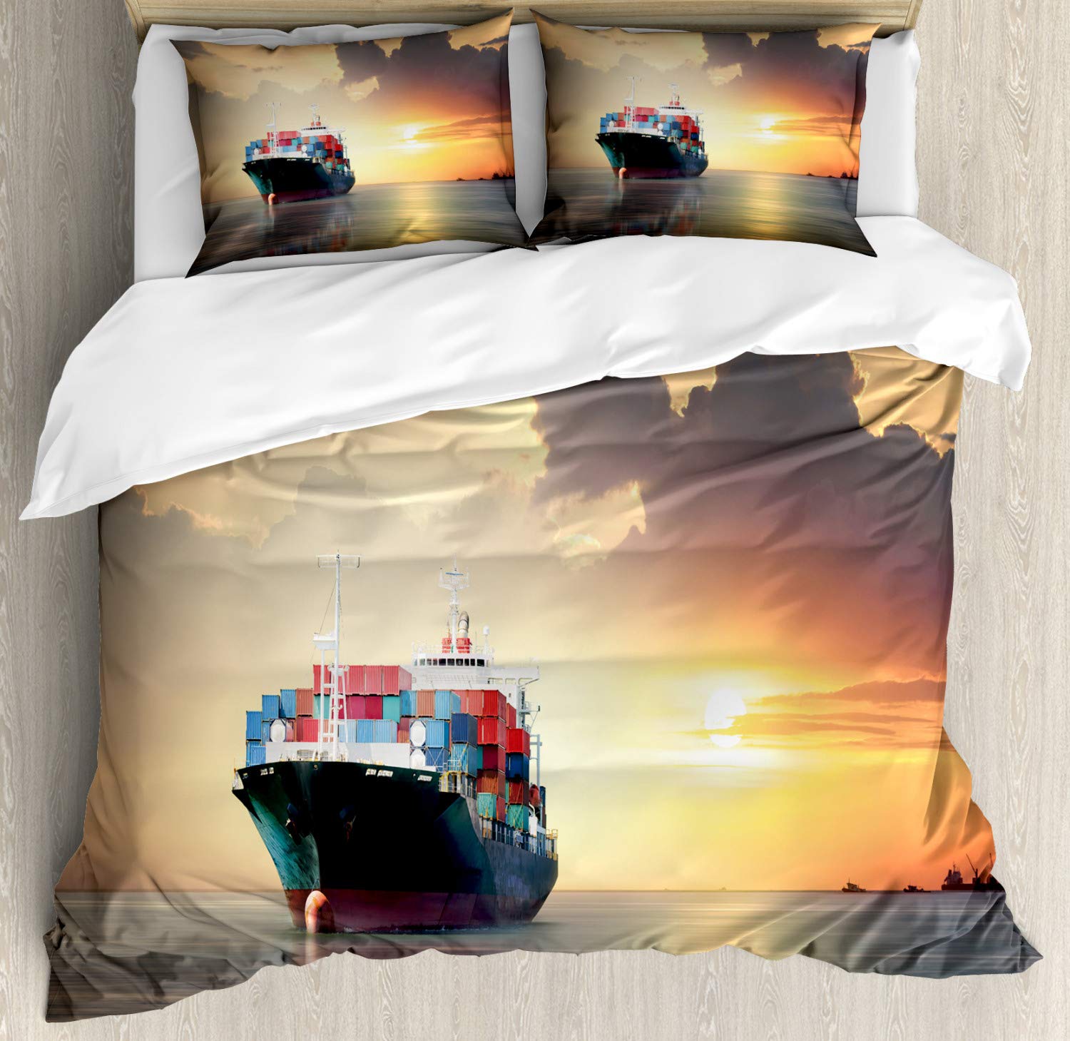 Ambesonne Maritime King Size Duvet Cover Set - Ocean Cargo Ship Sunset Print, 3 Piece Bedding with 2 Pillow Shams, Multicolor Nautical Decor | Perfect for Coastal Themed Bedrooms, Cruise Enthusiasts & Nautical Home Decor