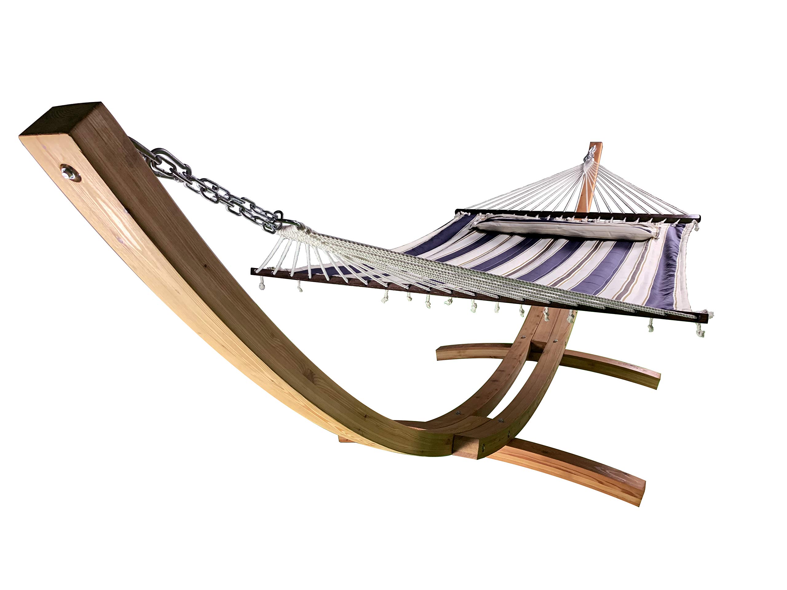 14 Ft. Wooden Arc Hammock Stand with Deluxe Quilted Double Padded Hammock Bed & Pillow - 2 Person Outdoor Hammock, 450 LB Capacity (Natural Stain/Elegant Blue Stripe) - Perfect for Backyard Relaxation, Patio Lounging & Camping Getaways
