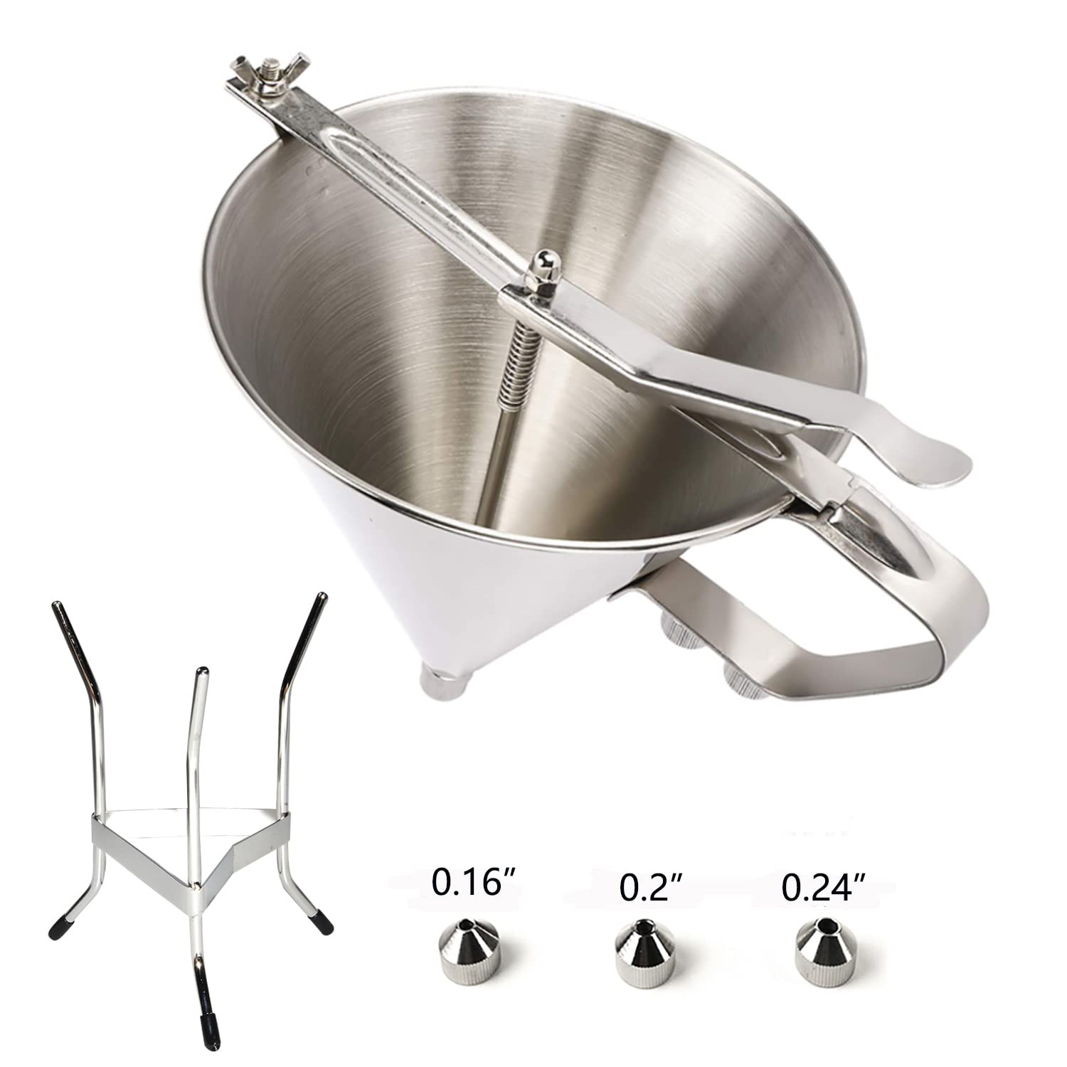 Stainless Steel Pancake Batter Dispenser with Stand - 3 Nozzles Funnel Cake Maker for Pancakes, Waffles, Cupcakes & Takoyaki - 61oz Commercial Grade Confectionery Piston Funnel - Perfect for Breakfast, Desserts & Street Food Stalls