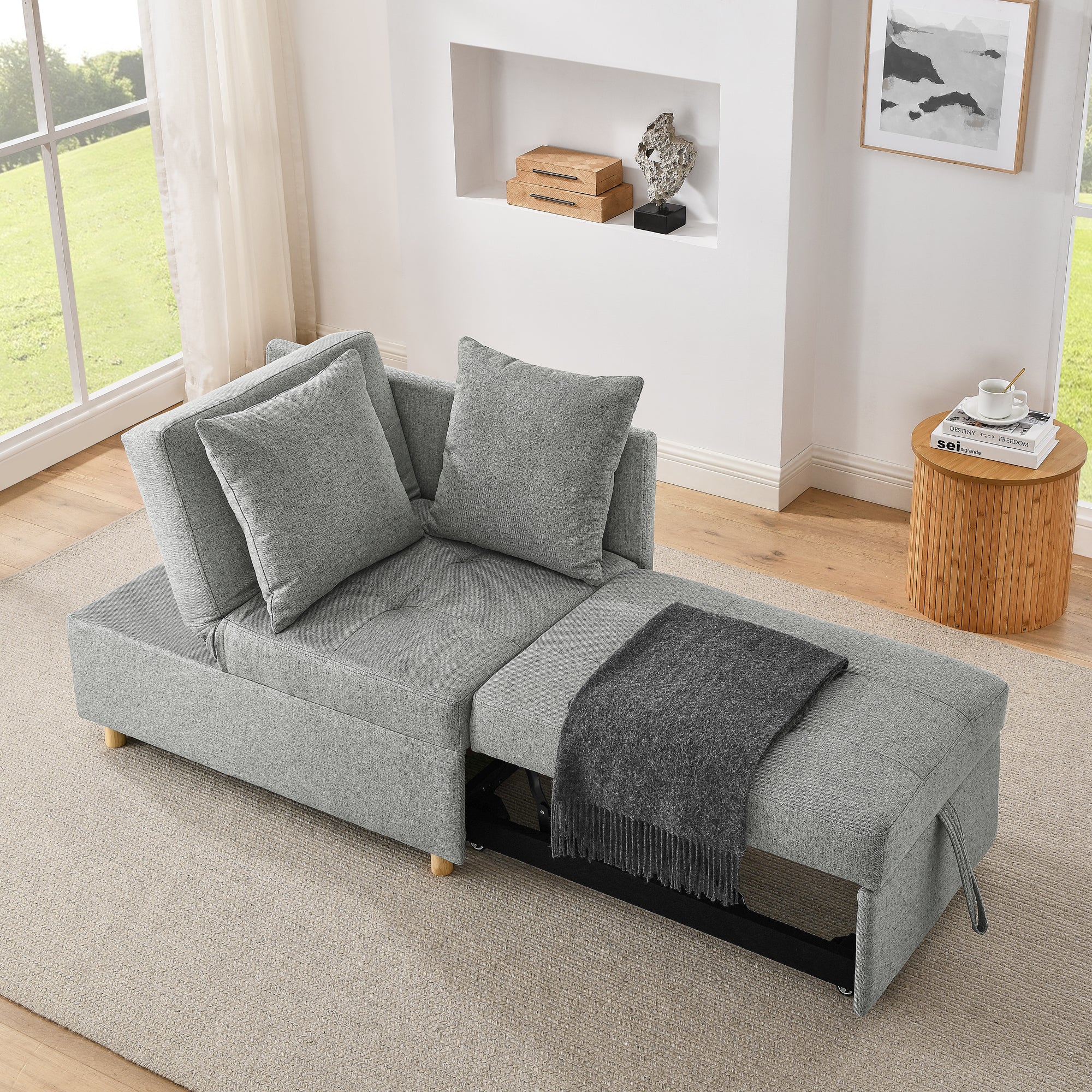 Convertible Sleeper Sofa Chair with Adjustable Backrest & Recliner - Pullout Sofa Bed with Wheels for Small Spaces - Modern Linen Fabric Living Room Furniture (Grey) - Perfect for Apartments, Dorms & Guest Rooms
