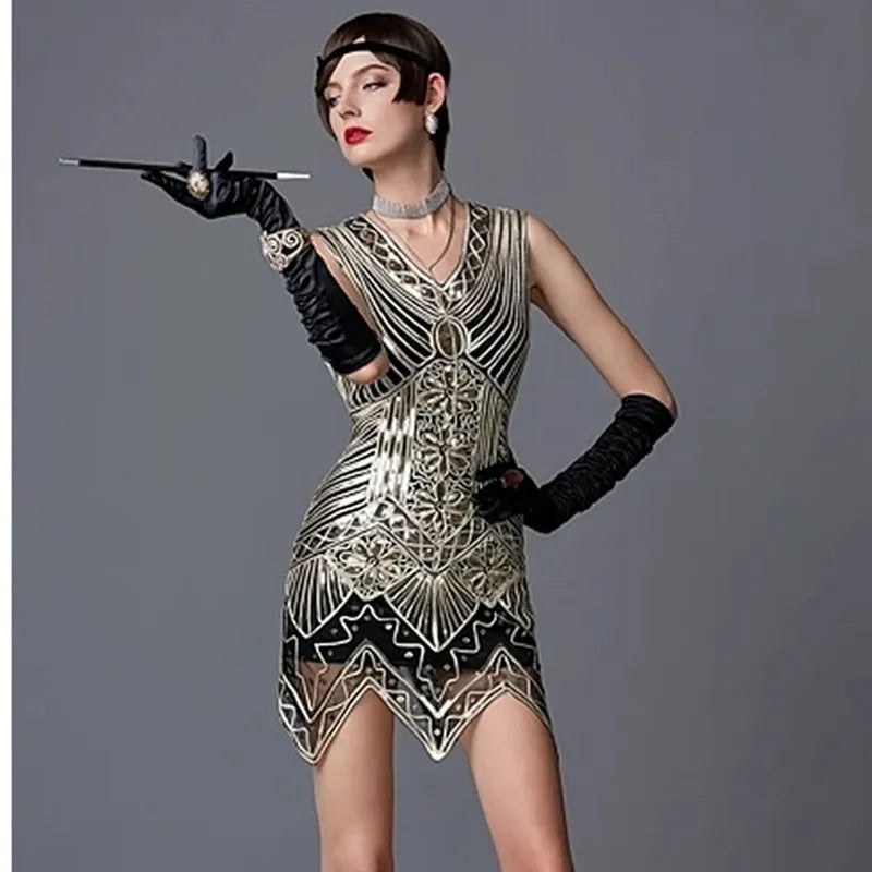 1920s Women's Sequin Flapper Dress - Gold Thread Embroidery & Tassel Details - Sleeveless Vintage Gatsby Party Dress - Perfect for Roaring 20s Themed Events, Costume Parties & Jazz Age Celebrations