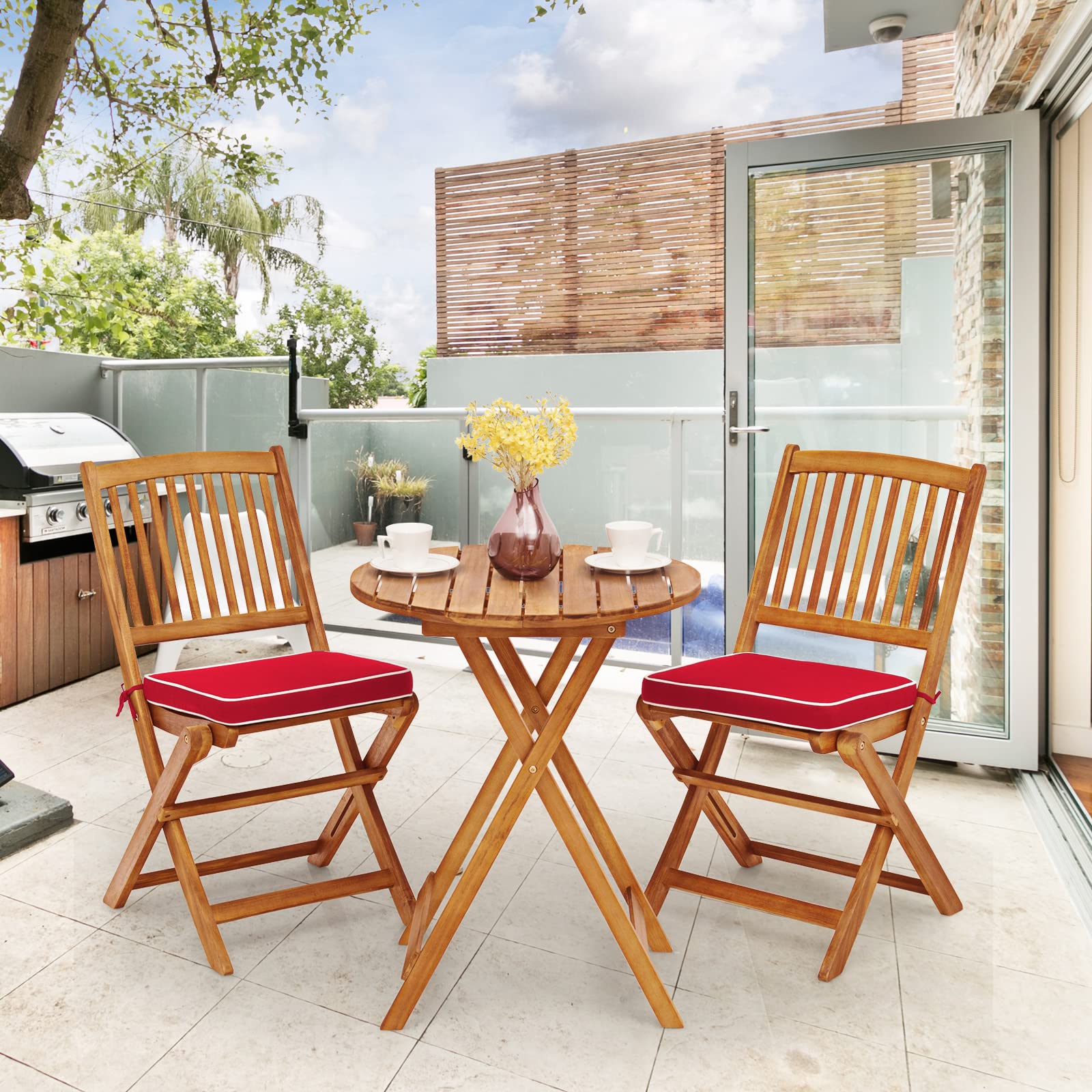 Giantex 3-Piece Patio Bistro Set - Wooden Folding Table with 2 Cushioned Chairs, Outdoor Garden Furniture for Yard, Deck, or Balcony - Natural & Red Wood Finish - Perfect for Small Spaces, Morning Coffee, and Outdoor Dining
