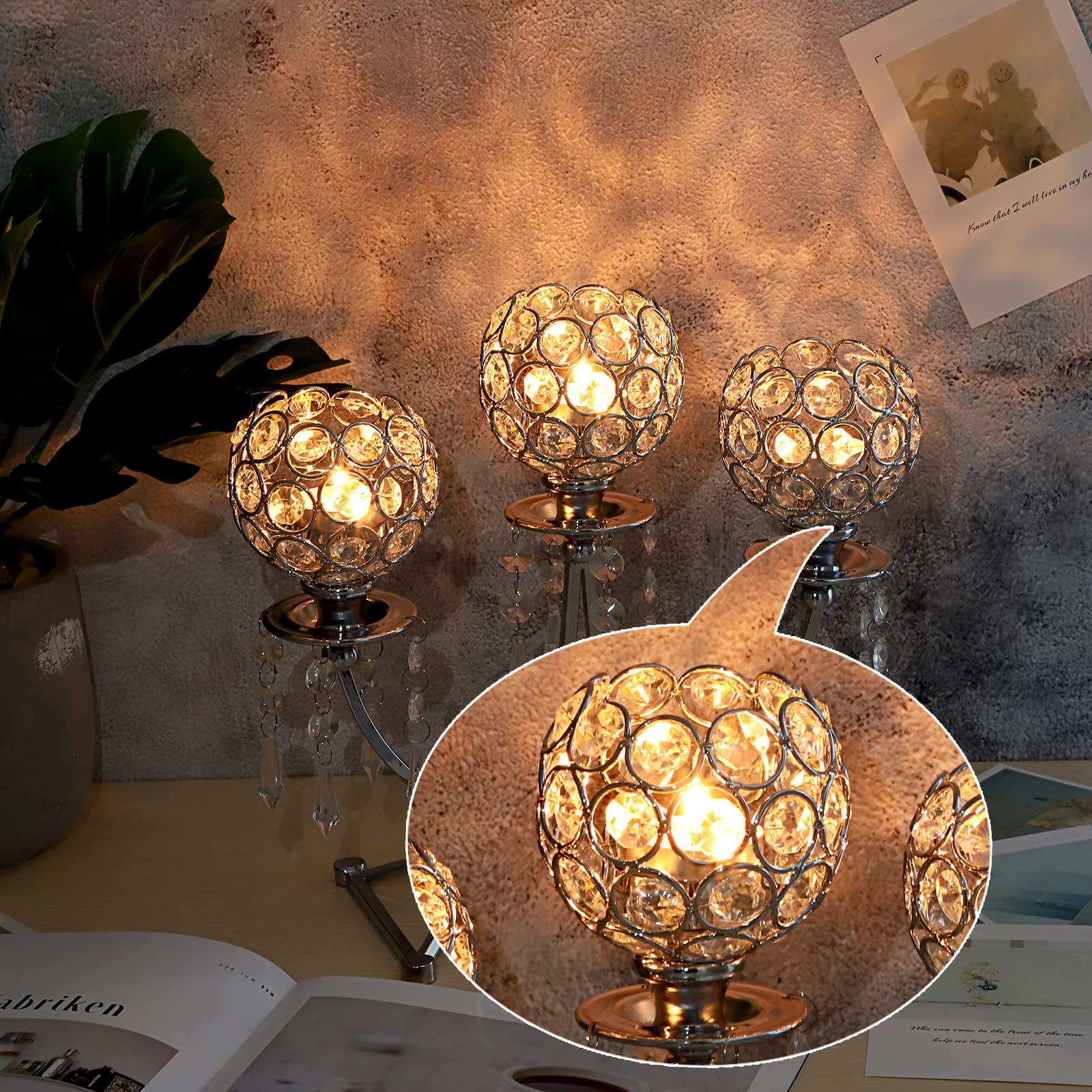 3-Arm Crystal Tealight Candle Holder - Elegant Silver Candelabra Centerpiece for Dining Table, Wedding, Christmas Party & Home Decor | Perfect for Romantic Dinners, Holiday Celebrations & Special Occasions