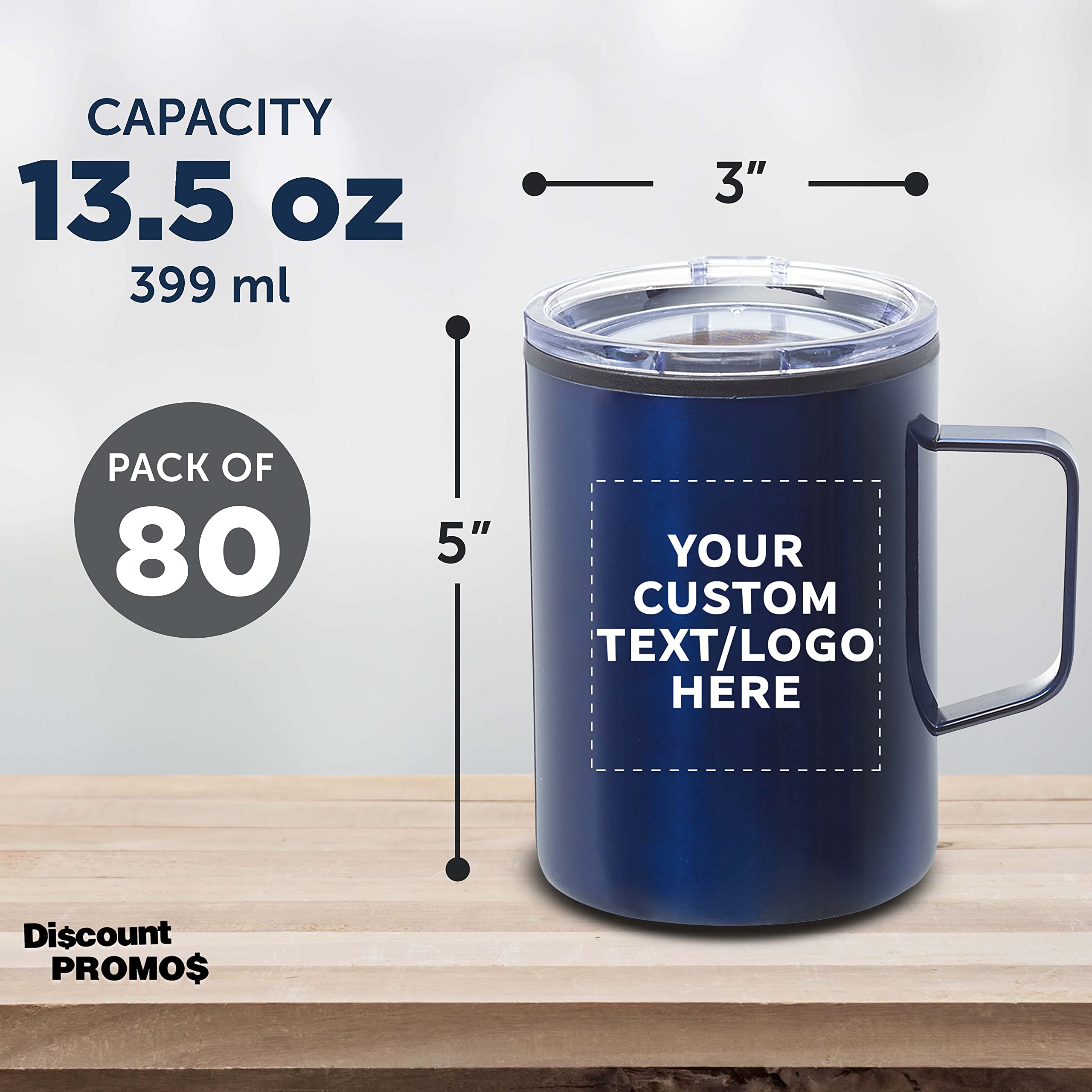 80-Pack Custom Wells Stainless Steel Camping Mugs 13.5oz - Personalized Bulk Coffee Cups for Hot & Cold Beverages (Navy Blue) - Ideal for Camping, Office Use & Outdoor Adventures