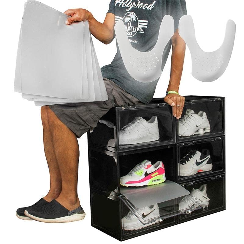 Letusto Premium Clear Plastic Shoe Storage Boxes - 6 Pack Stackable Sneaker Display Case with Lids, Hygiene Pads & Shapers (Black) | Perfect for Organizing Sneakers, Boots & Heels in Closet, Bedroom or Entryway