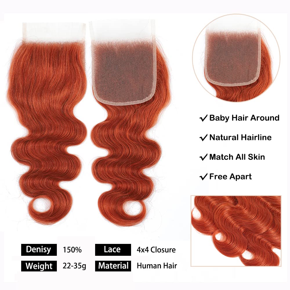 Brazilian Virgin Human Hair Extensions - 3 Bundles #350 Color 12/14/16 Inch with Closure | REMY HAIR Body Wave Pre-Plucked Ginger Orange | Perfect for Salon Styling, Daily Wear & Special Occasions