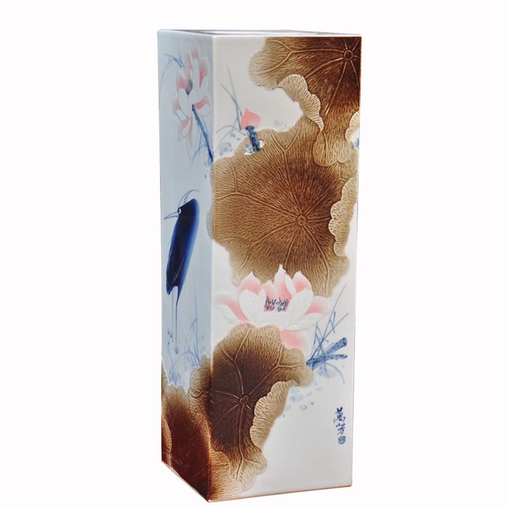 Hand-Painted Chinese Ceramic Vase - Collectible Square Inlay Floor Vase by First-Class Artist | Chinoiserie Home Decor, Perfect for Living Room, Entryway & Luxury Gifts