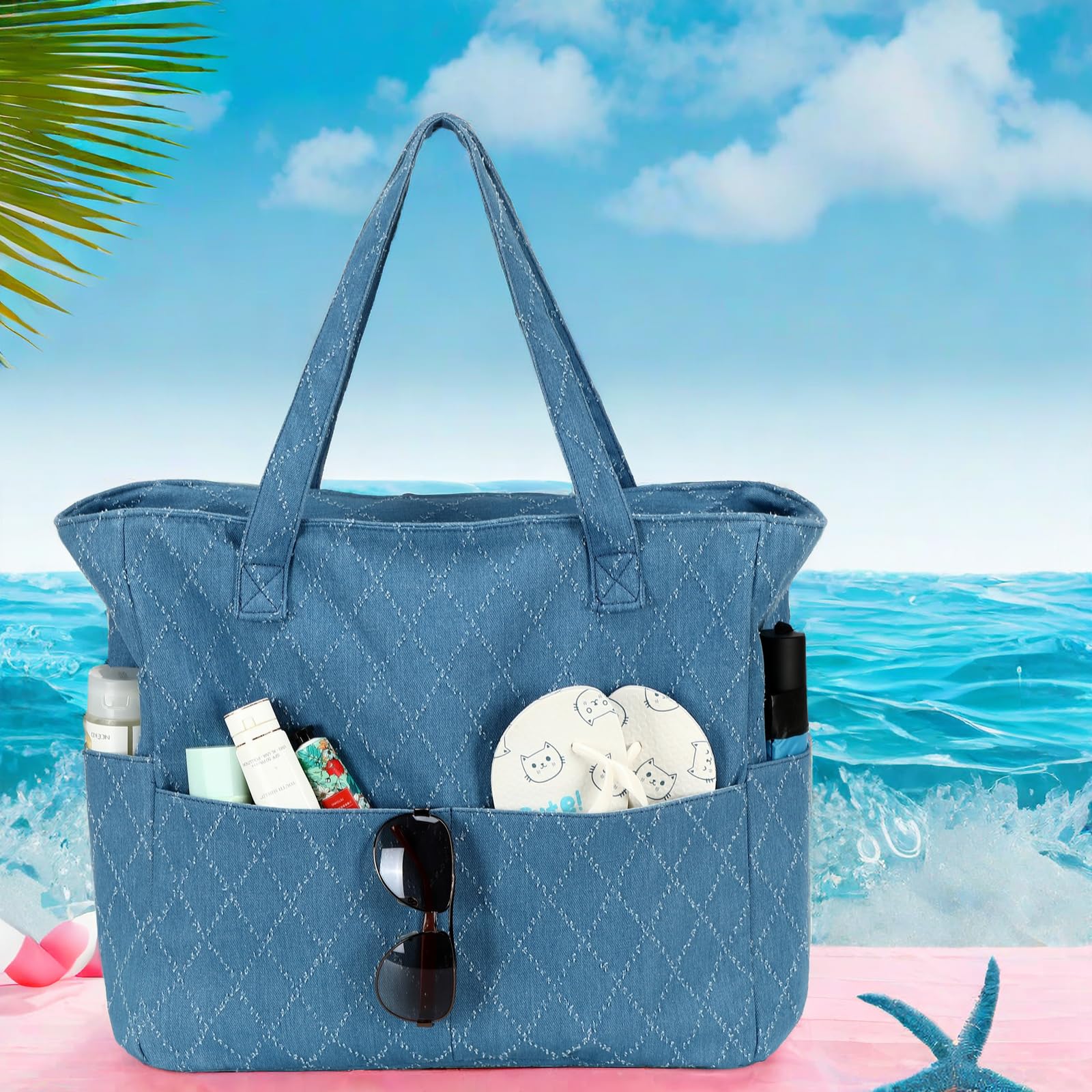Waterproof & Sandproof Large Beach Tote Bag for Women - Extra Large Zippered Pool Bag with Wet Pocket - Perfect for Beach, Gym, Grocery Shopping & Travel
