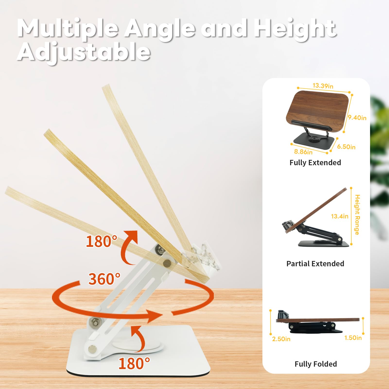 Adjustable Wooden Book Stand for Hands-Free Reading - 360° Swivel Base Desktop Book Holder for Cookbooks, Textbooks, Tablets & Laptops - Perfect for Kitchen, Office, Study & Art Studio Use