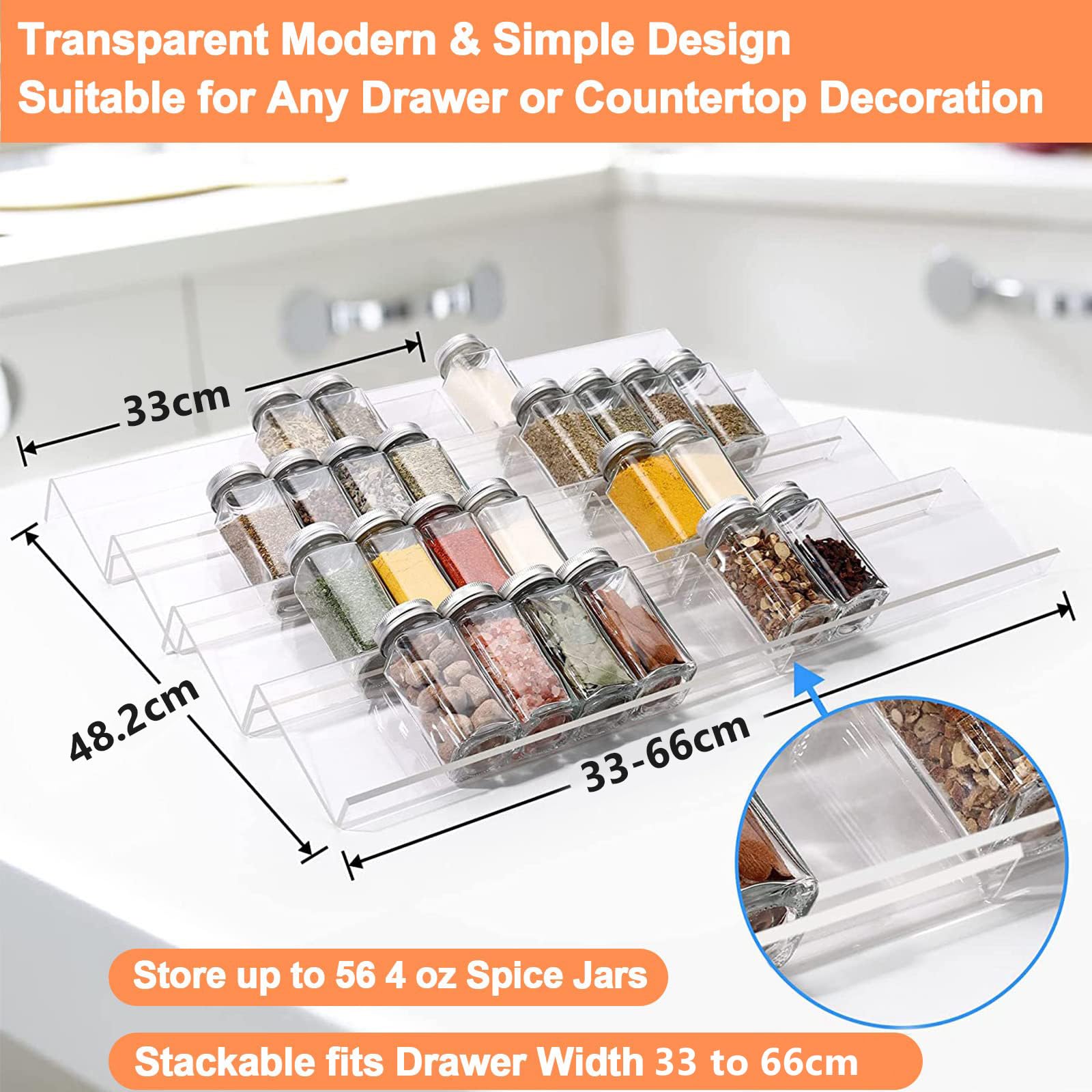 4-Tier Clear Acrylic Spice Drawer Organizer Set (2 Pack) - Expandable from 13