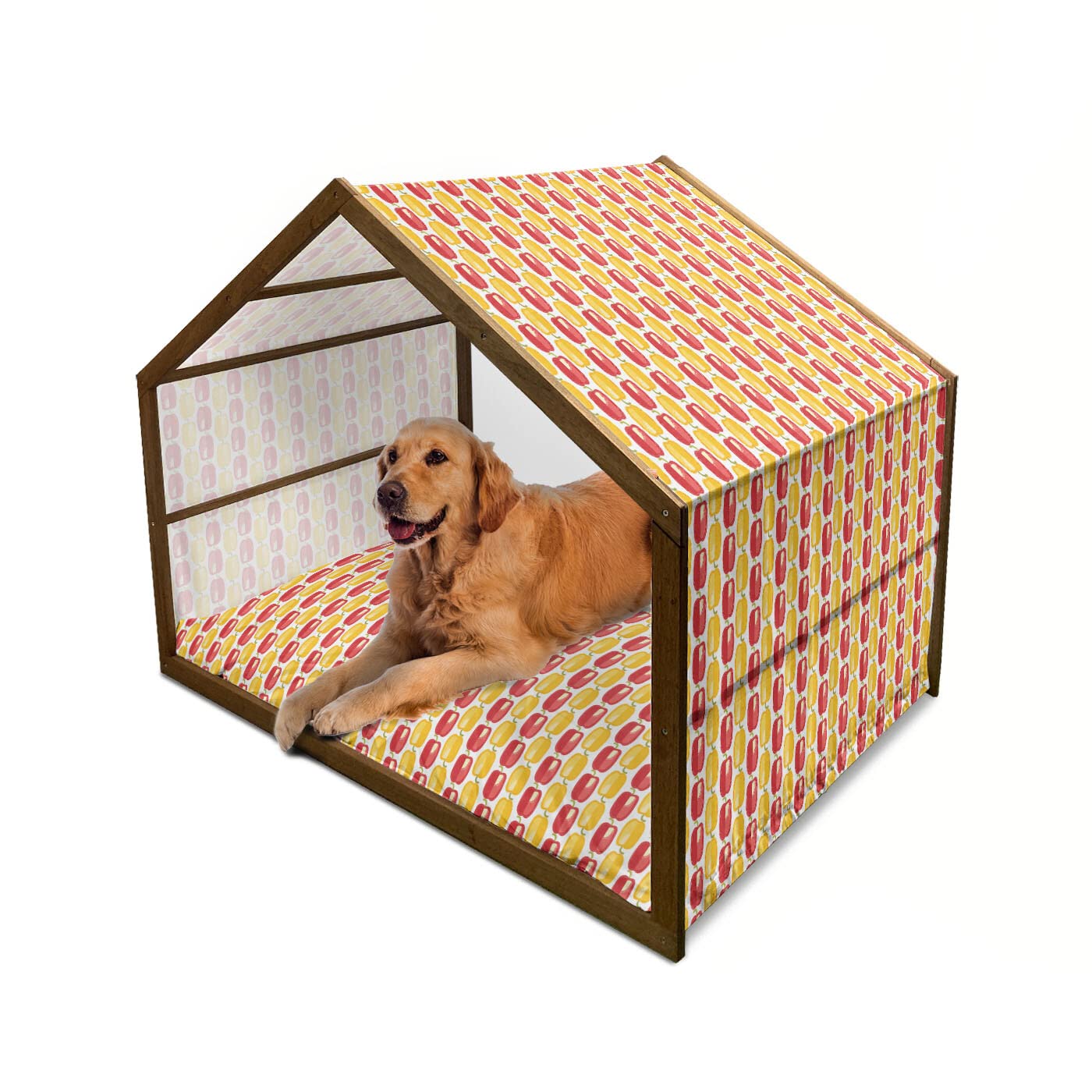 Ambesonne Wooden Dog House for Large Dogs - Doodle Style Bulgarian Vegetable Farm Pattern, Indoor & Outdoor Portable Pet Kennel with Pillow & Cover, X-Large Size in Yellow Green Vermilion - Perfect for Backyard, Patio or Home Decor