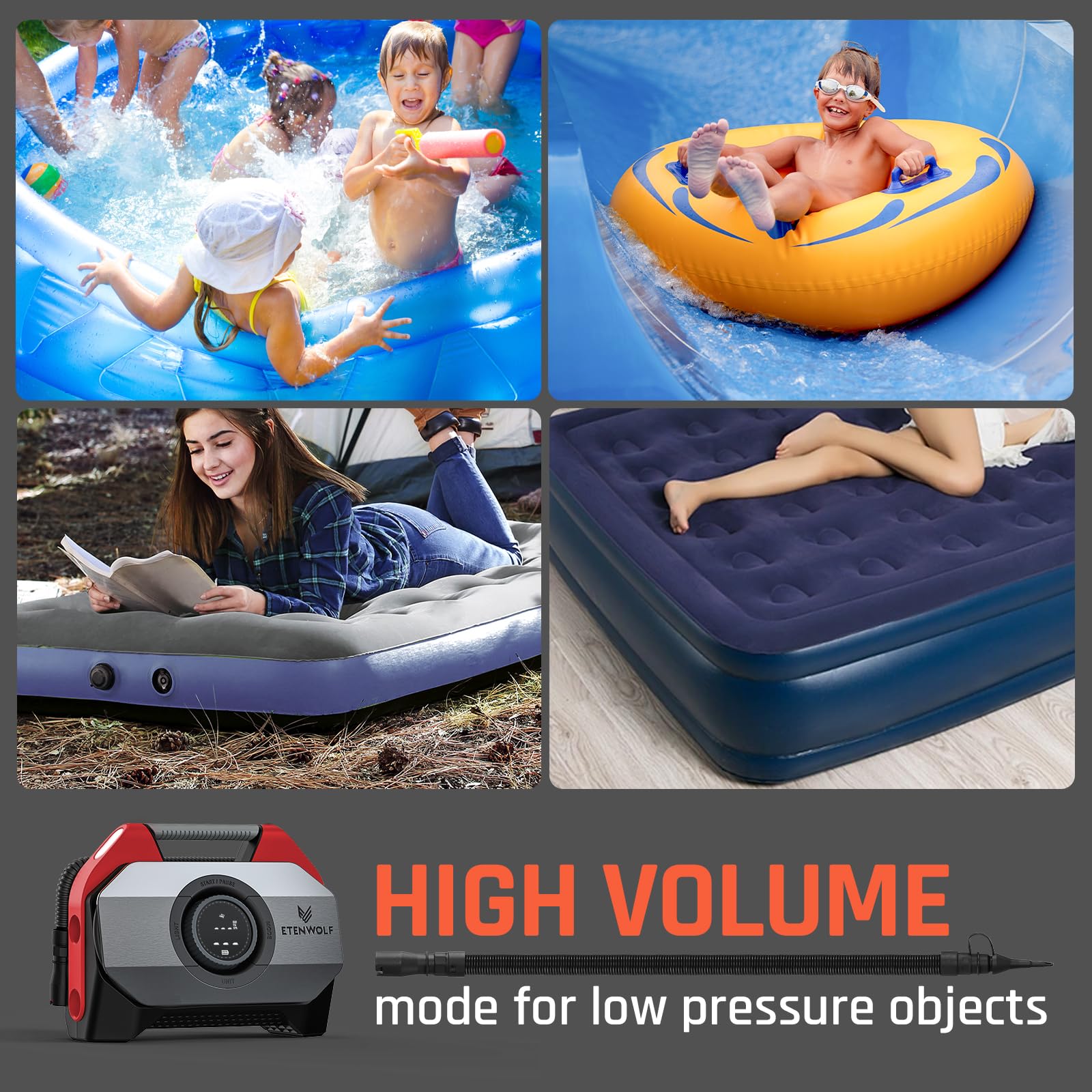ETENWOLF VORTEX S6 Cordless Tire Inflator - 19200mAh Portable Air Compressor for Cars, Trucks, Bikes & Inflatables - Heavy Duty Dual Cylinder Pump with 100% Duty Cycle (Red) - Perfect for Road Trips, Camping & Emergency Tire Inflation