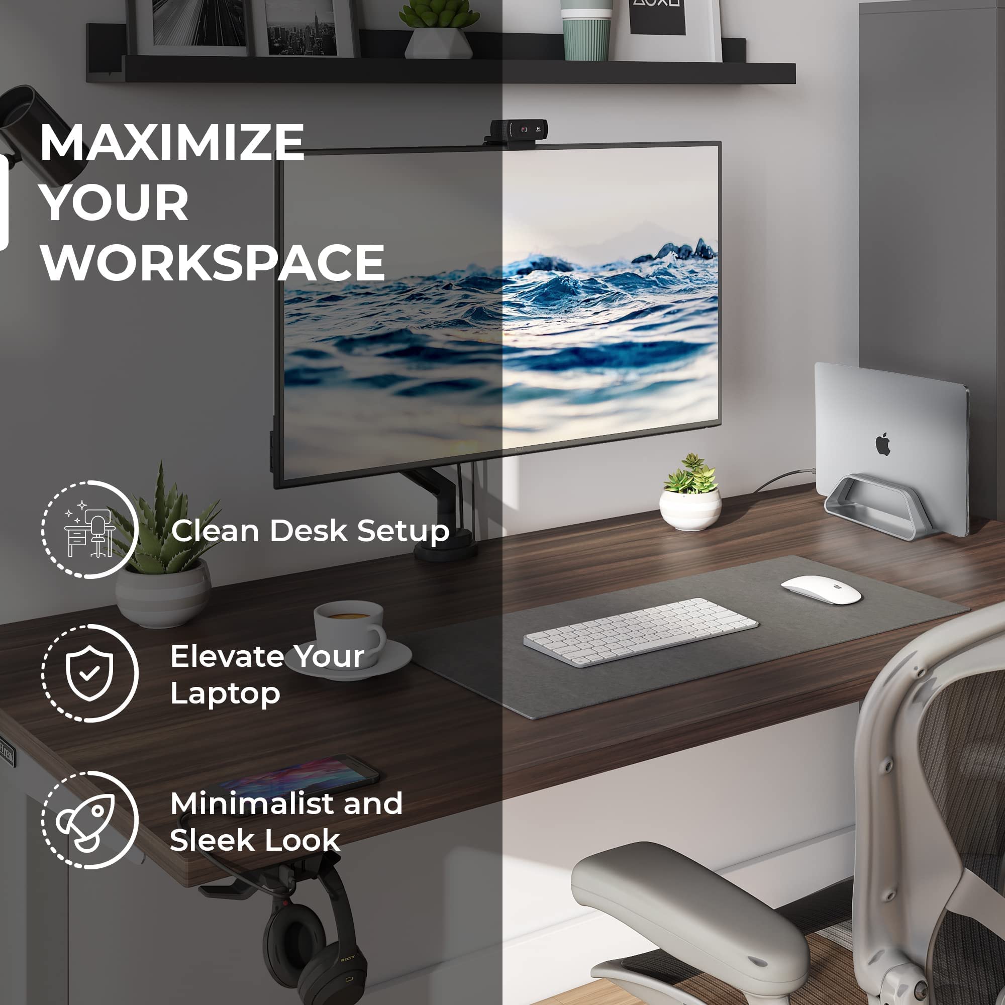 HumanCentric Space Gray Vertical Laptop Stand with USB-C Docking Station - Ergonomic Laptop Holder & Under-Desk Organizer with 87W Charger & HDMI Monitor Support - Perfect for Home Office & Workspace Setup