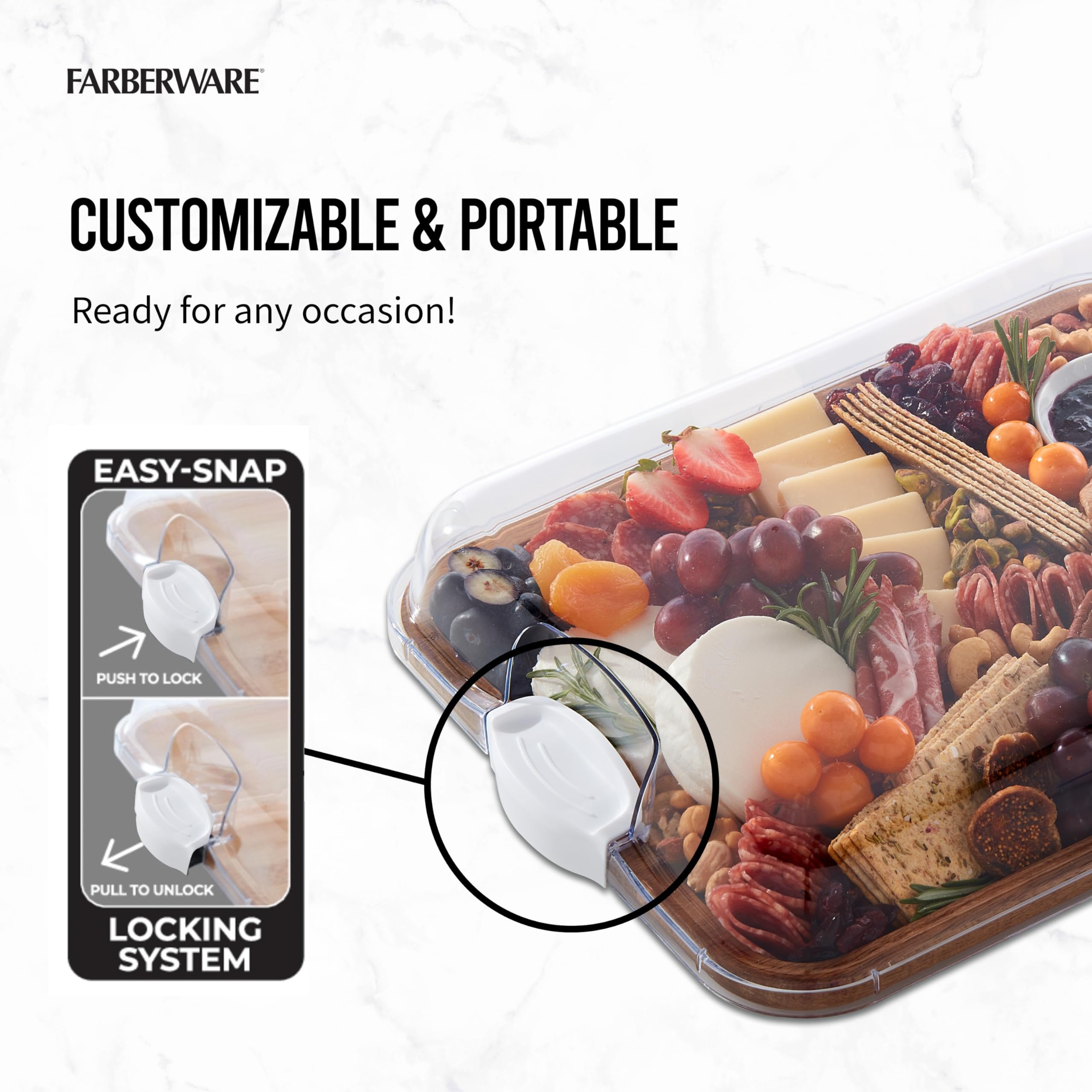 Farberware Acacia Wood Cutting Board with Built-in Compartments & Locking Lid - Charcuterie Board for Cheese, Charcuterie, Snacks - Perfect for Entertaining, Kitchen Prep & Serving