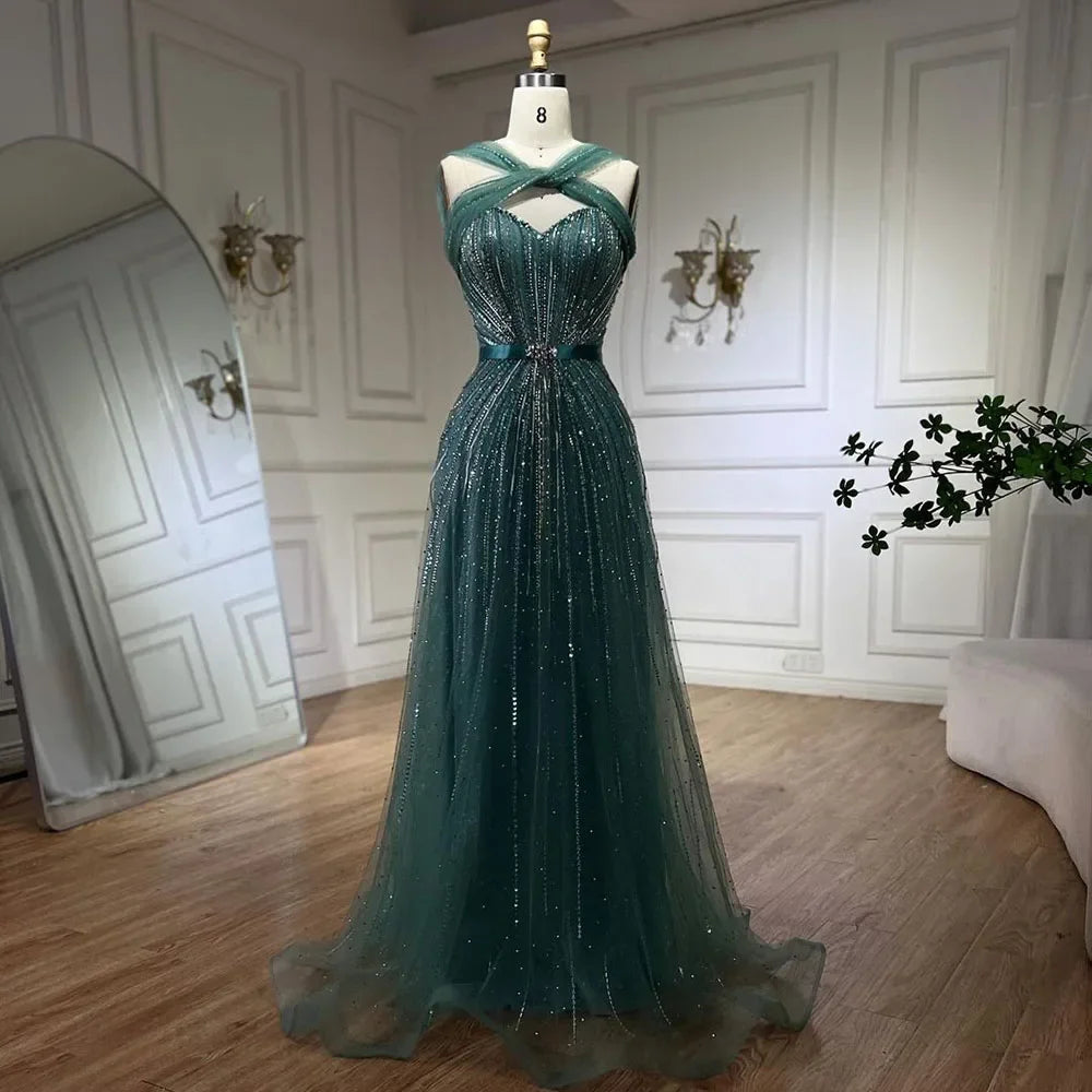 Luxury Beaded Mermaid Evening Gown for Women - Dubai Turquoise Spaghetti Strap Wedding Party Dress 2025 | Elegant Formal Gowns for Prom, Red Carpet & Special Occasions