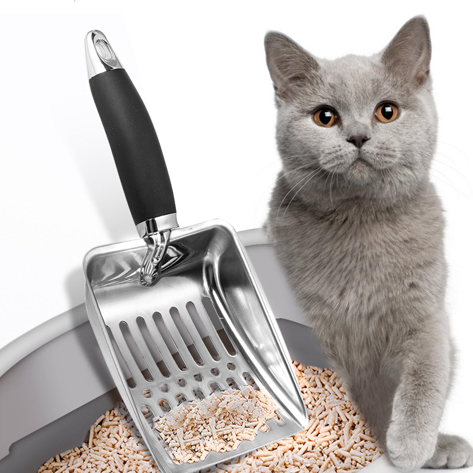 Durable Aluminum Cat Litter Scoop with Long Handle - Perfect for Easy Litter Box Cleaning