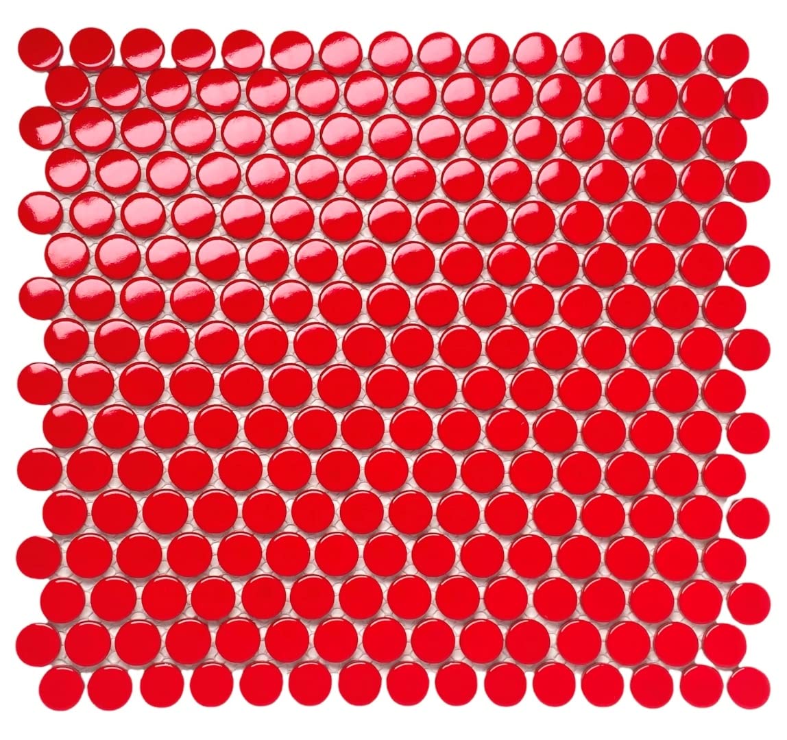 Vintage Red Porcelain Penny Round Mosaic Tile - 10 Pack for Bathroom, Shower, Kitchen Backsplash, Pool Accent & Wall Decor | Waterproof & Durable Floor & Wall Tile for Home & Commercial Use