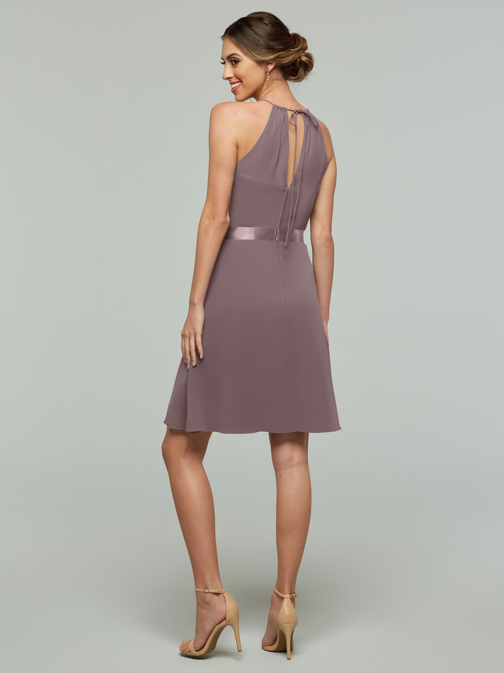 Elegant 80042 Knee-Length Chiffon Bridesmaid Dress with Halter Neckline & Keyhole Back - Perfect for Weddings, Parties & Formal Events