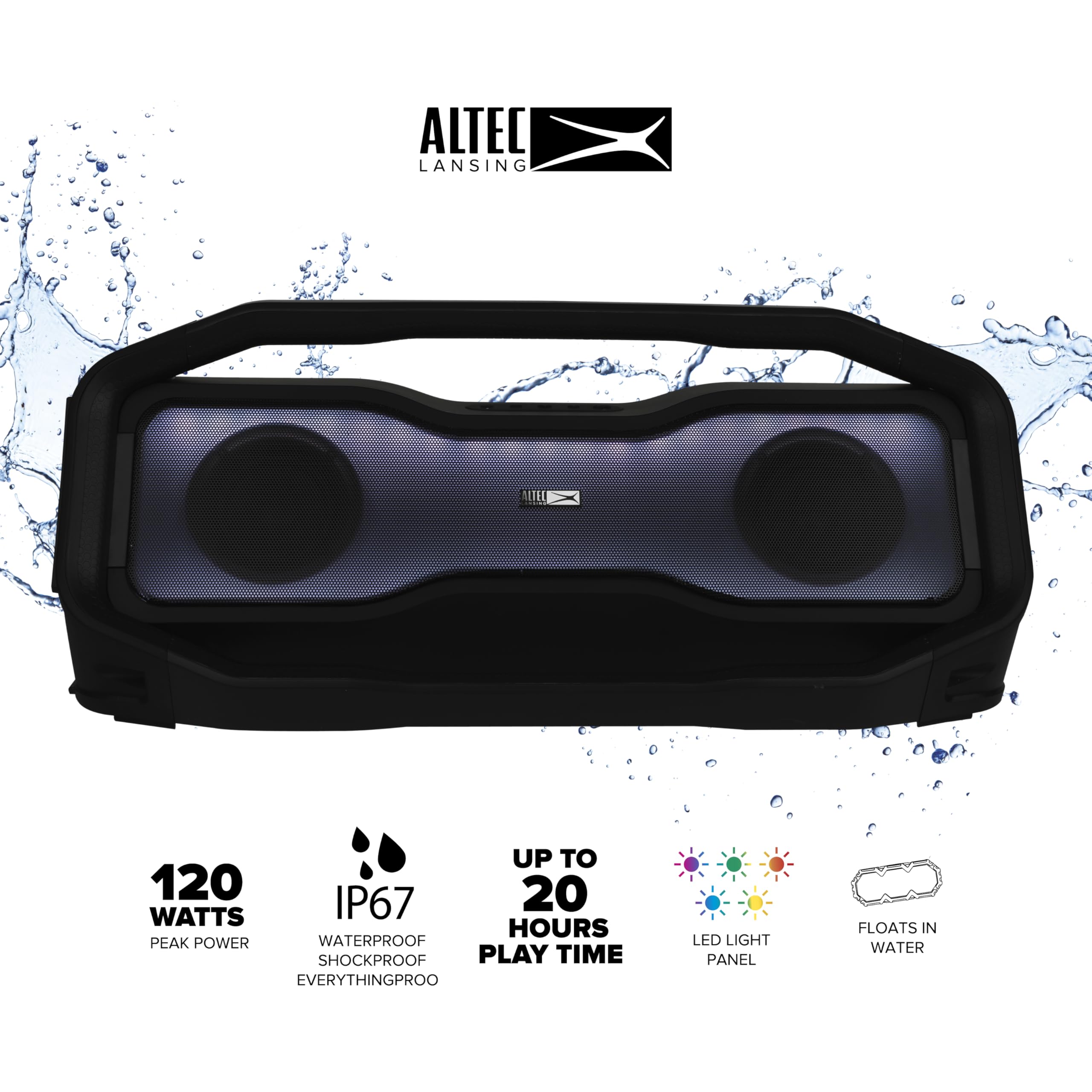 Altec Lansing Rockbox XL 2.0 Portable Bluetooth Speaker with LED Lights | IP67 Waterproof Wireless Speaker | 20H Playtime & App Control | Perfect for Outdoor, Pool Parties, Camping & Beach
