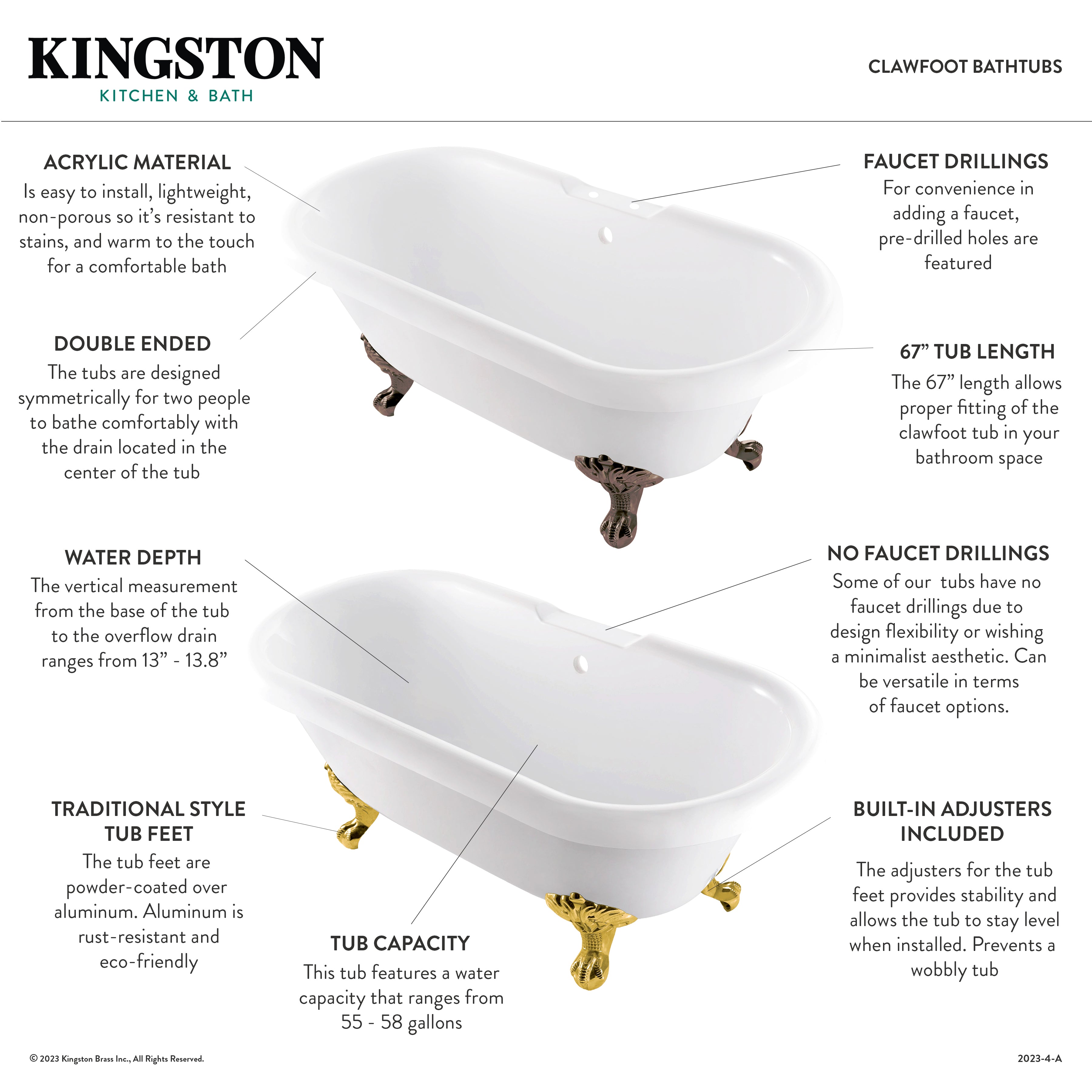 Aqua Eden 67 Inch Glossy White Acrylic Oval Double Ended Clawfoot Bathtub with Polished Nickel Faucet Drillings - Perfect for Vintage Bathroom & Luxury Spa Retreats