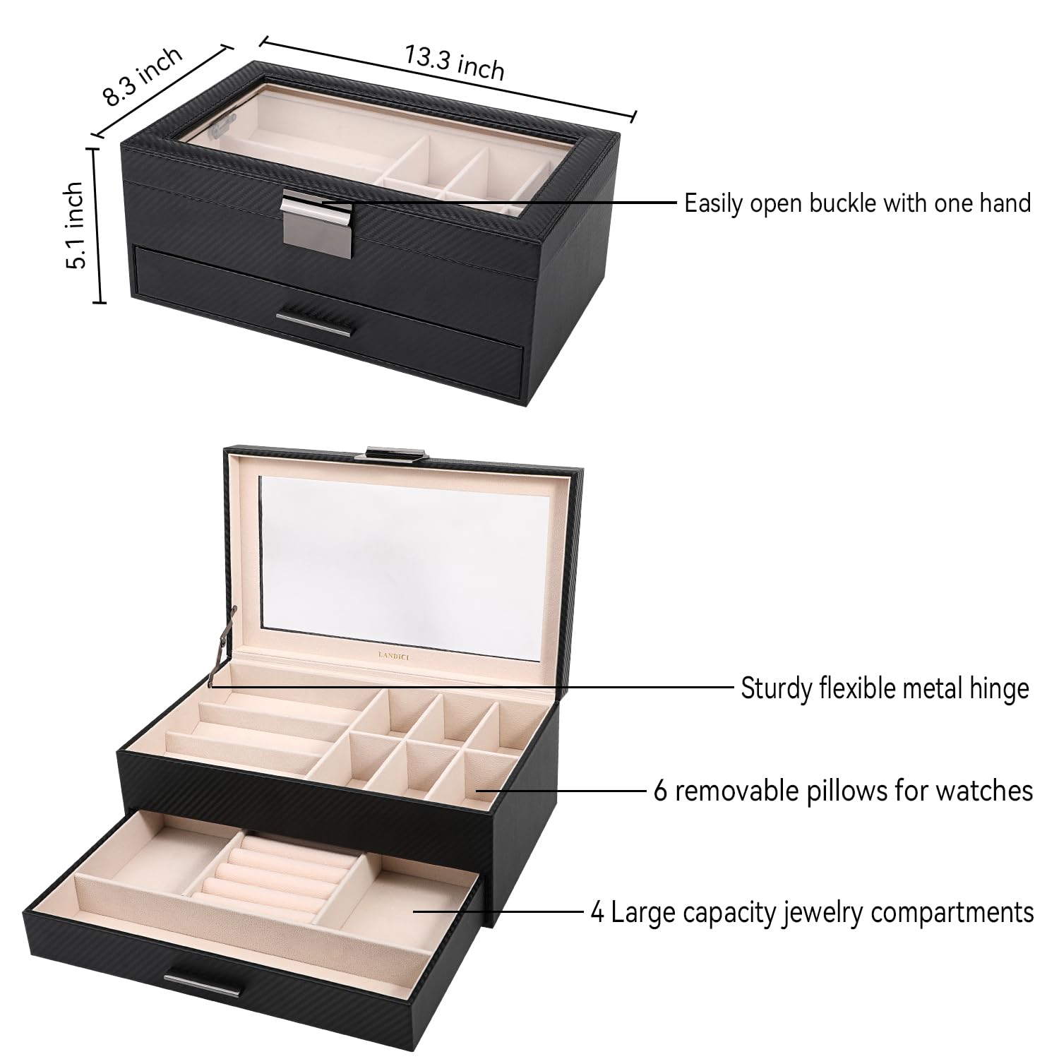 Premium PU Leather Watch Box for Men & Women - 2 Layer Jewelry Organizer with Storage Case for Watches, Sunglasses, Bracelets, Necklaces & Rings - Black & Apricot - Perfect for Travel, Home Display & Gift Giving