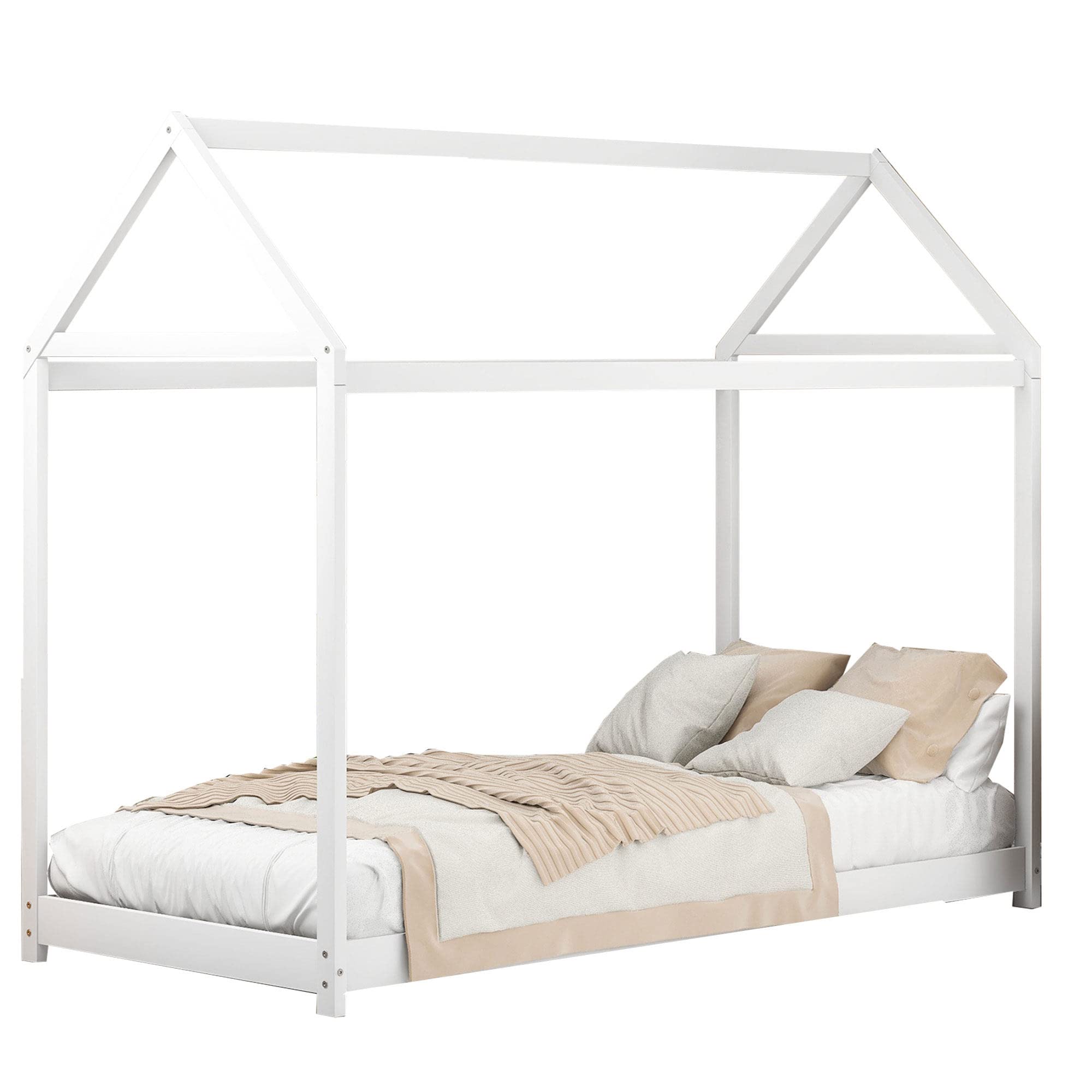 MaSYZBF Twin Size Wooden House Bed Frame - Daybed & Floor Bed for Toddlers, Teens, Kids (Boys & Girls) - White - Perfect for Bedrooms, Playrooms & Montessori Decor