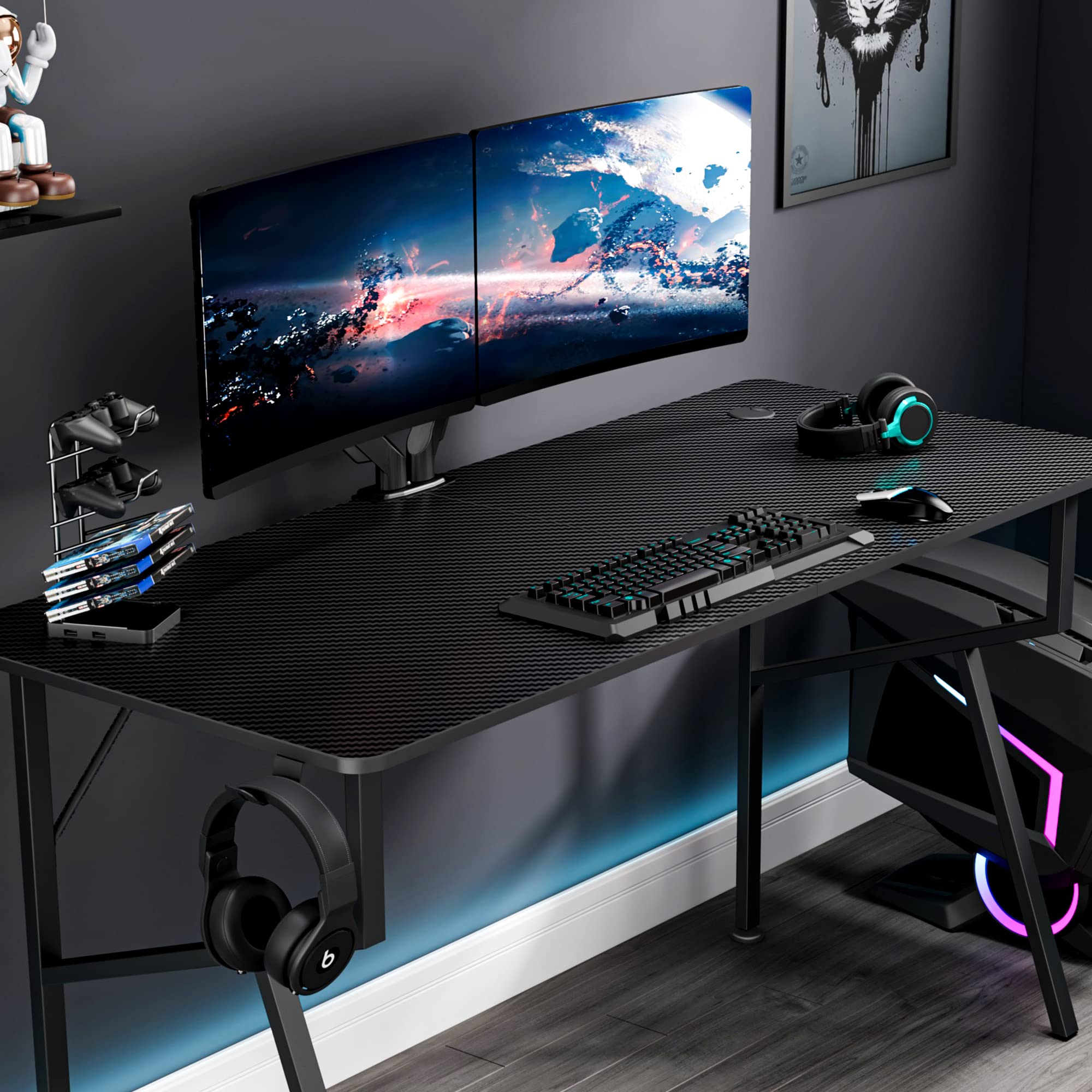 55 Inch Gaming Desk with Cup Holder & Headphone Hook - K-Frame PC Computer Desk for Home Office & Professional Gamers - Includes Free Mousepad & Gaming Handle Rack - Perfect Workstation for Esports, Streaming & Remote Work (Black)