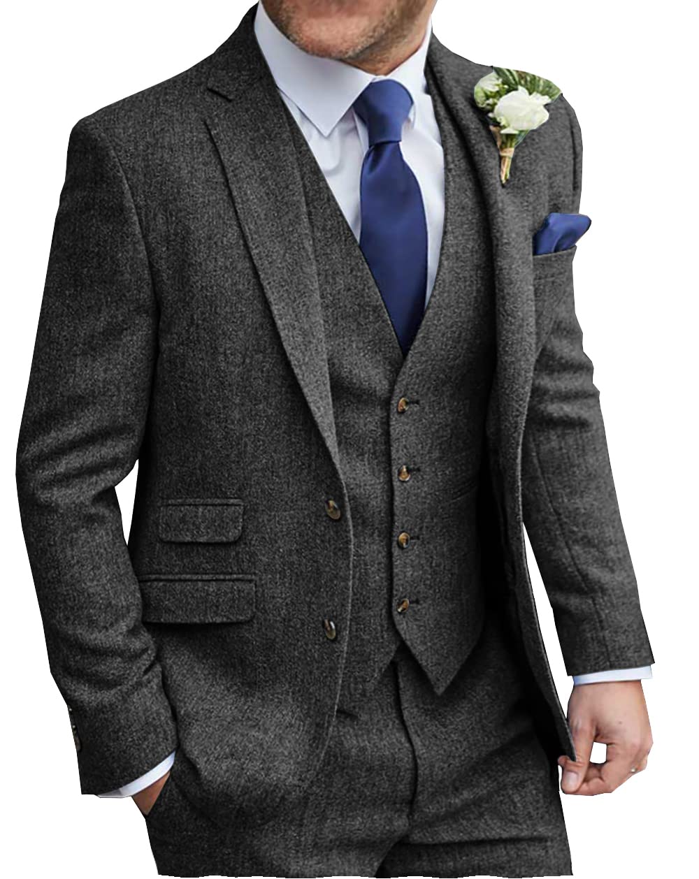 MoranX FRSU Men's 3-Piece Herringbone Tweed Wool Suit Set - Formal Business Blazer, Vest & Pants for Wedding, Office & Special Occasions | Regular Fit Tuxedo Style
