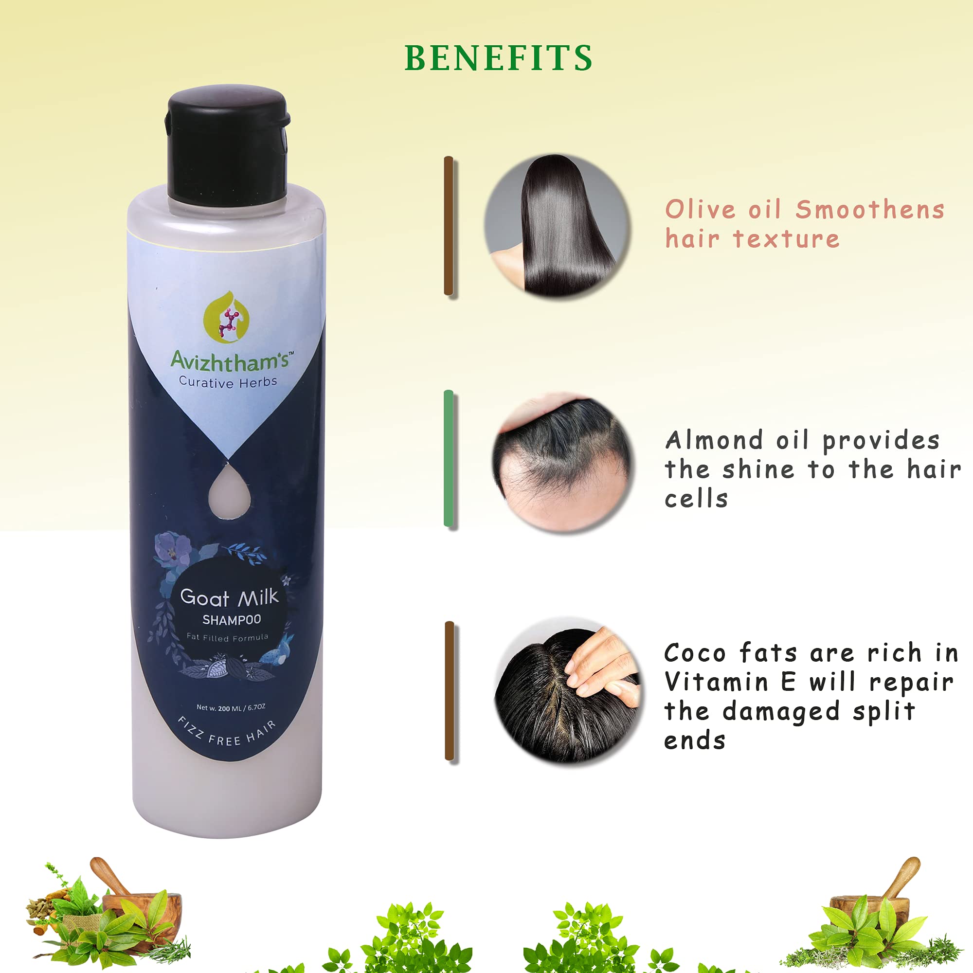 Avizhtham's Herbals Pure & Natural Goat Milk Shampoo for Hair Growth & Shine | Sulfate-Free & Organic | 200ml Bottle | Perfect for Dry, Damaged Hair & Scalp Care