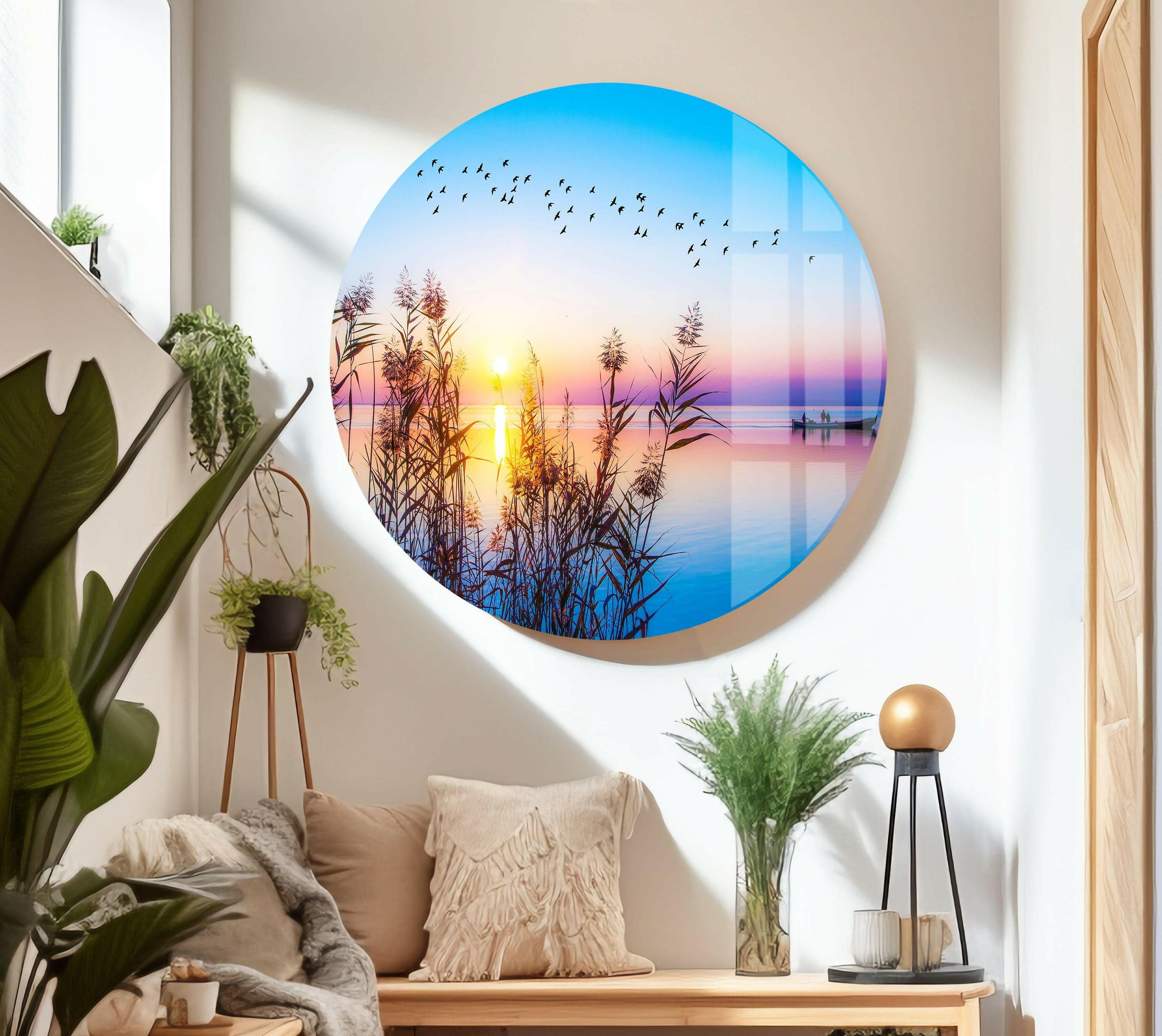Vibrant Sunset Over Lake Glass Wall Art - Stunning Home Decor for Living Room, Bedroom & Office