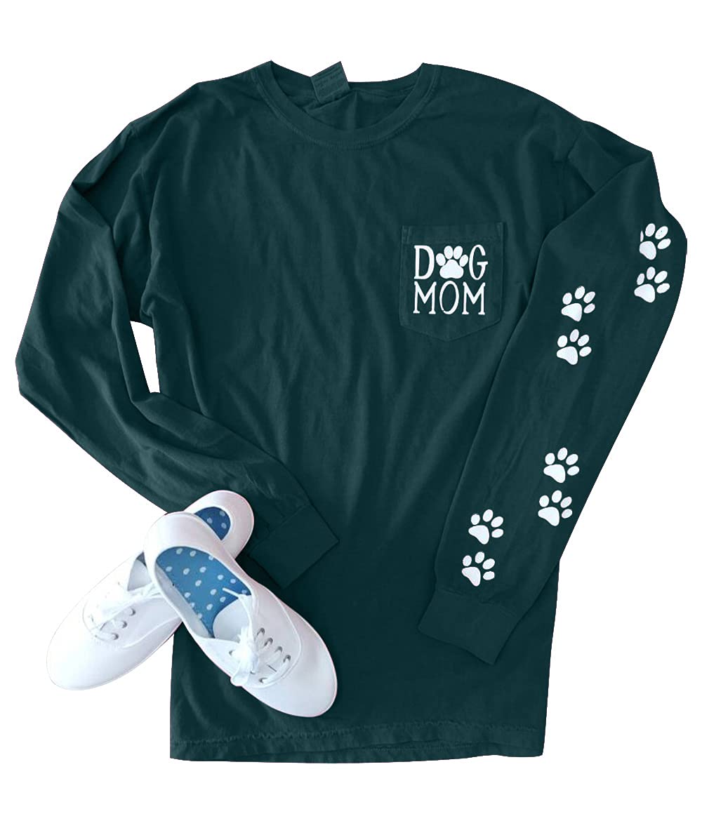 Women's Dog Paw Print Pullover - Cute Dog Mom Graphic Tee with Patch Pocket | Long Sleeve Casual Shirt for Dog Lovers | Perfect for Pet Owners, Dog Walks & Cozy Outings