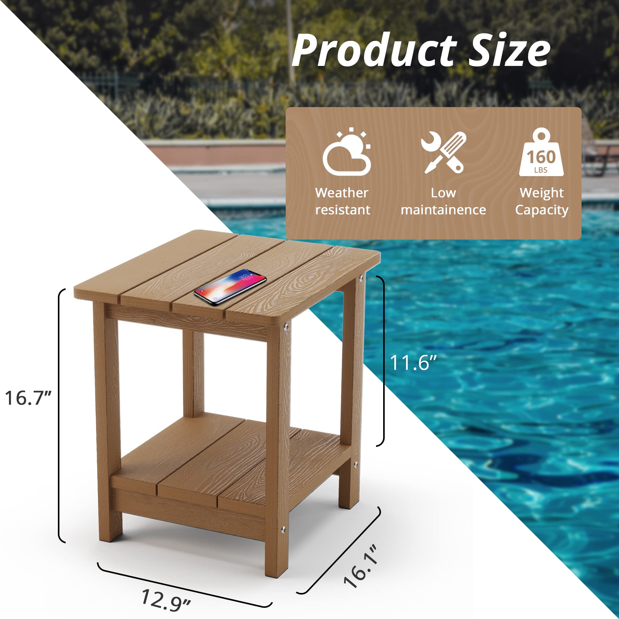 LUE BONA 2-Tier Brown HDPS Adirondack Outdoor Side Table - Weather Resistant Patio End Table for Garden, Pool, Porch & Deck - Perfect for Outdoor Relaxation & Entertaining