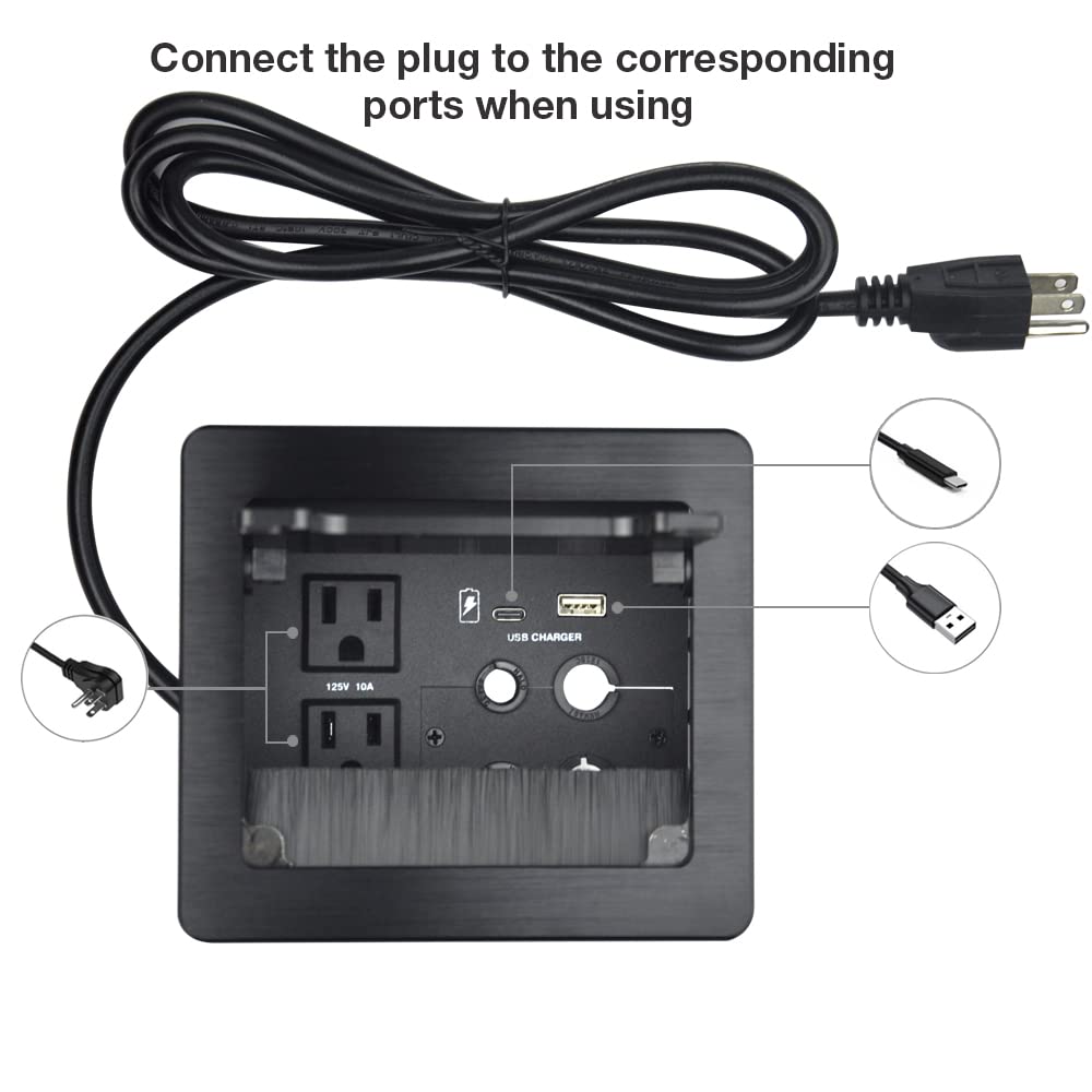 Compact Desk Organizer with 2 AC Outlets, USB-A & USB-C Charging Ports, 4 Cable Holes - 5.58ft Power Cord for Office, Conference Room & Home Workspace (Black) - Perfect for Cable Management & Device Charging