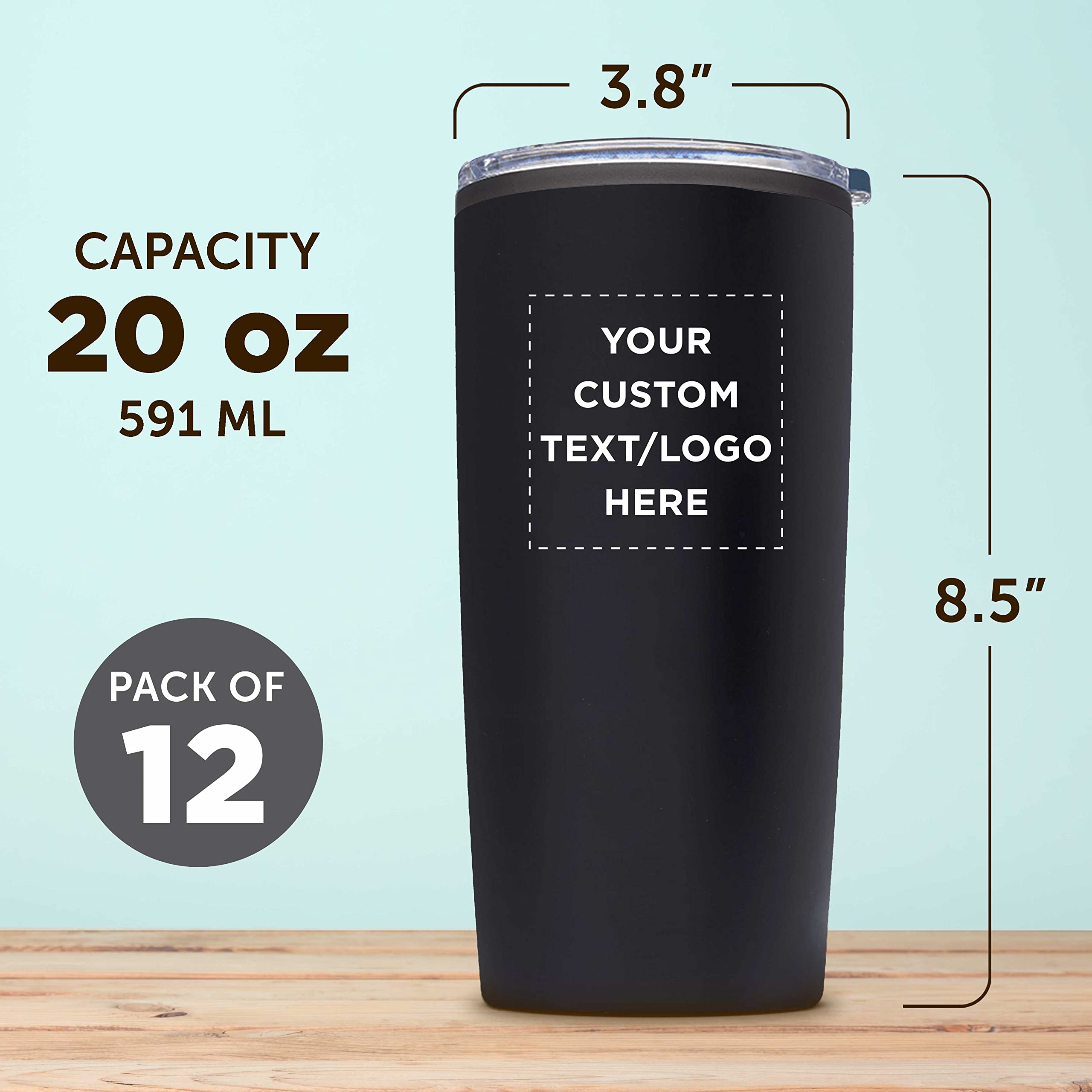 12-Pack Custom 20 oz Plastic Tumblers with Lids - Personalized Bulk Insulated Travel Cups for Iced Coffee, Smoothies & Cold Drinks - Perfect for Office, Parties, Picnics & Outdoor Activities - Black