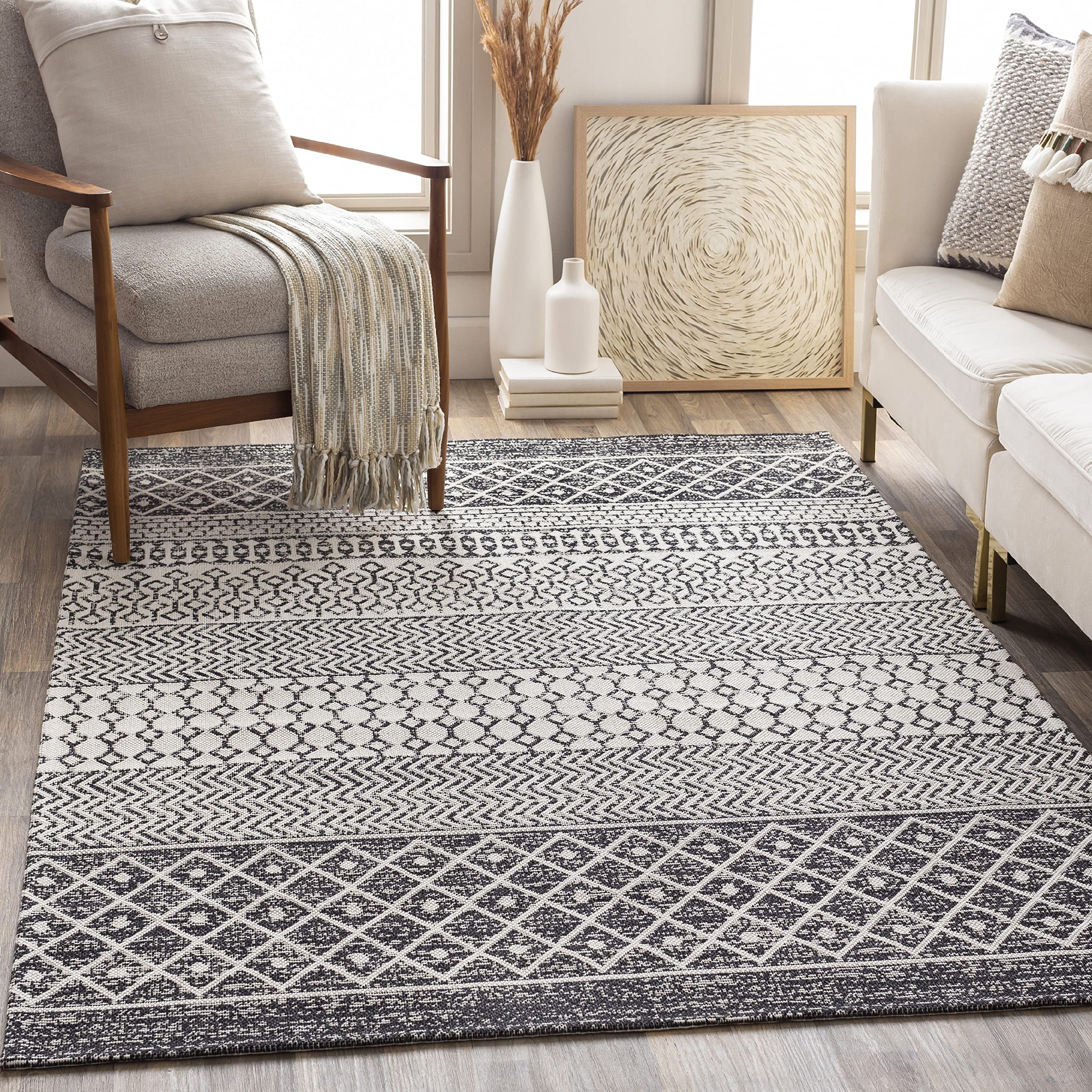Mark&Day 7x9 Bohemian Global Black Area Rug - Soft Black & Beige Carpet for Living Room, Bedroom, Kitchen - 6'7