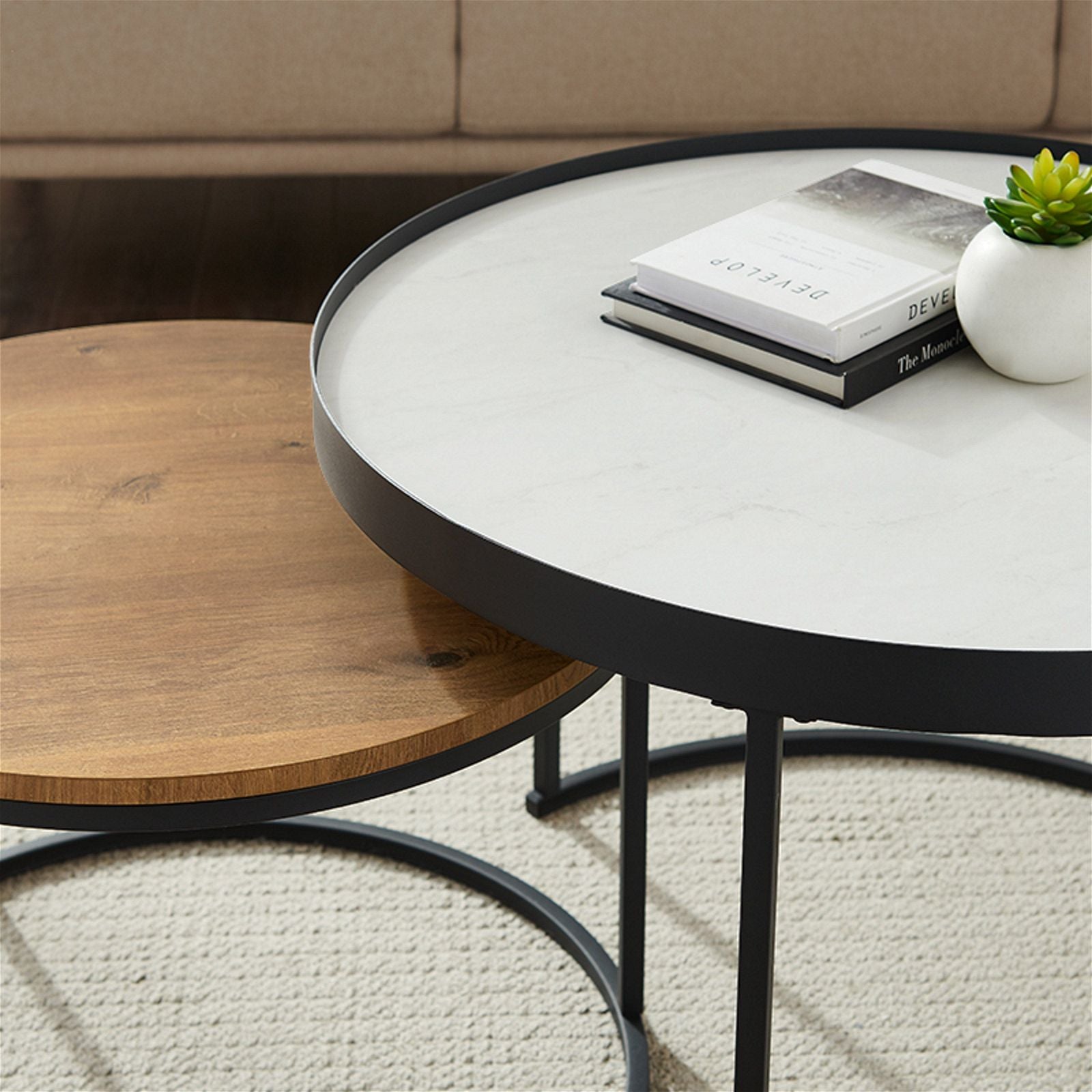 Criterion Nested Coffee Table Set - White Marble & English Oak Wood Modern Side Tables for Living Room | Perfect for Small Spaces, Home Decor & Coffee Table Styling