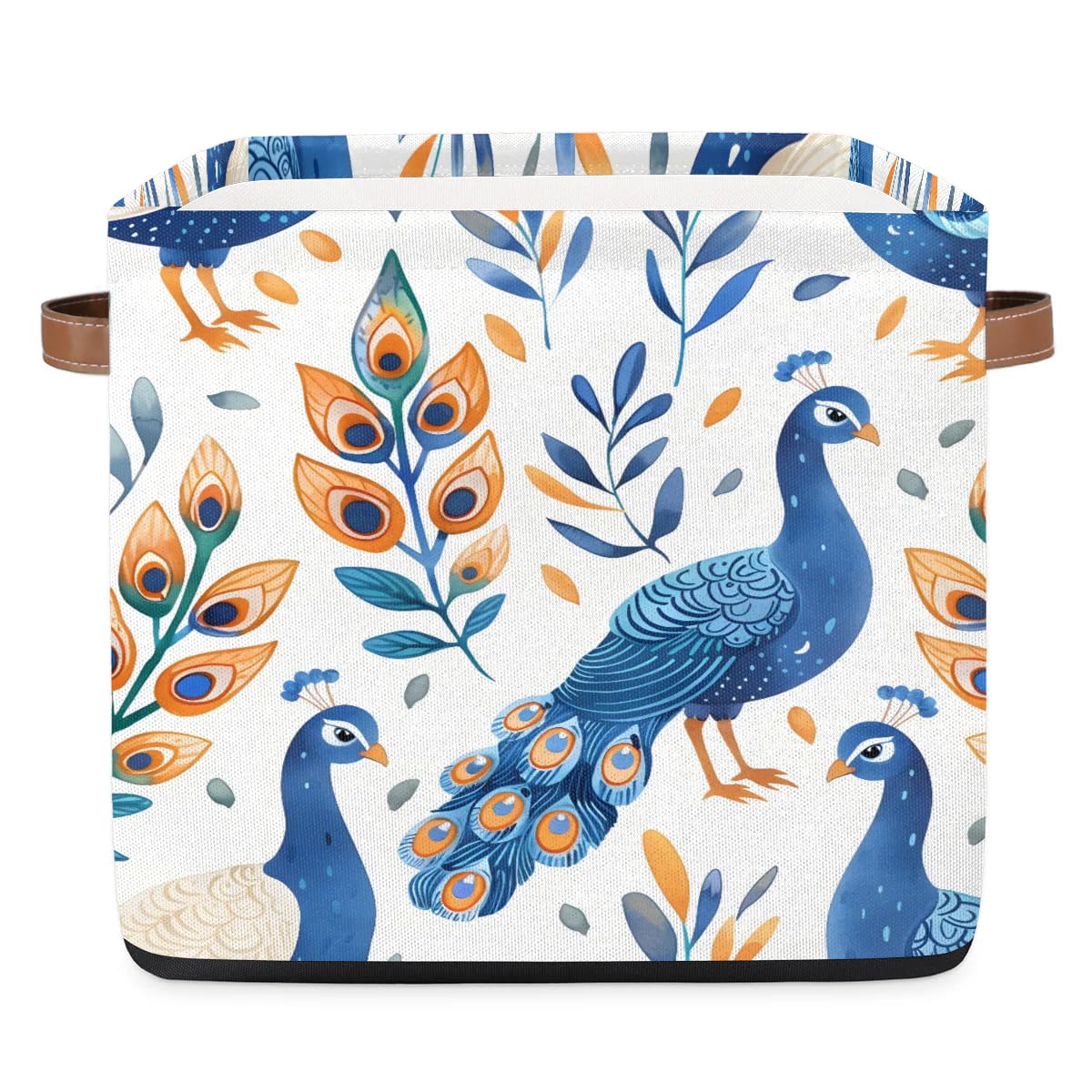 13 Inch Blue Peacock Collapsible Storage Basket with Leather Handle - Foldable Closet Organizer Bin for Bedroom, Bathroom & Nursery - Home Decor Storage Solution for Toys, Blankets & Laundry