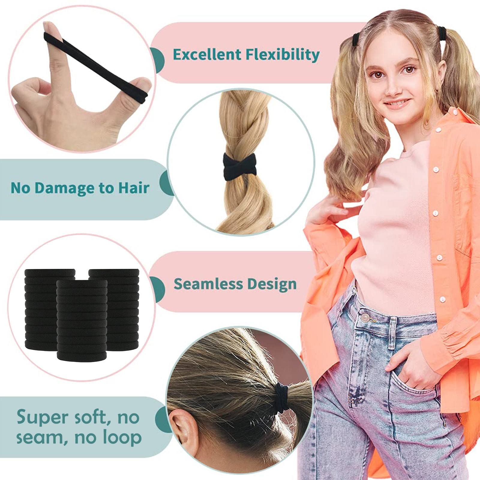 20/30/40 Pcs Black Hair Ties - Soft Elastic Hair Bands & Scrunchies for Ponytail Holders - Women's Hair Accessories for Workout, Office & Everyday Use